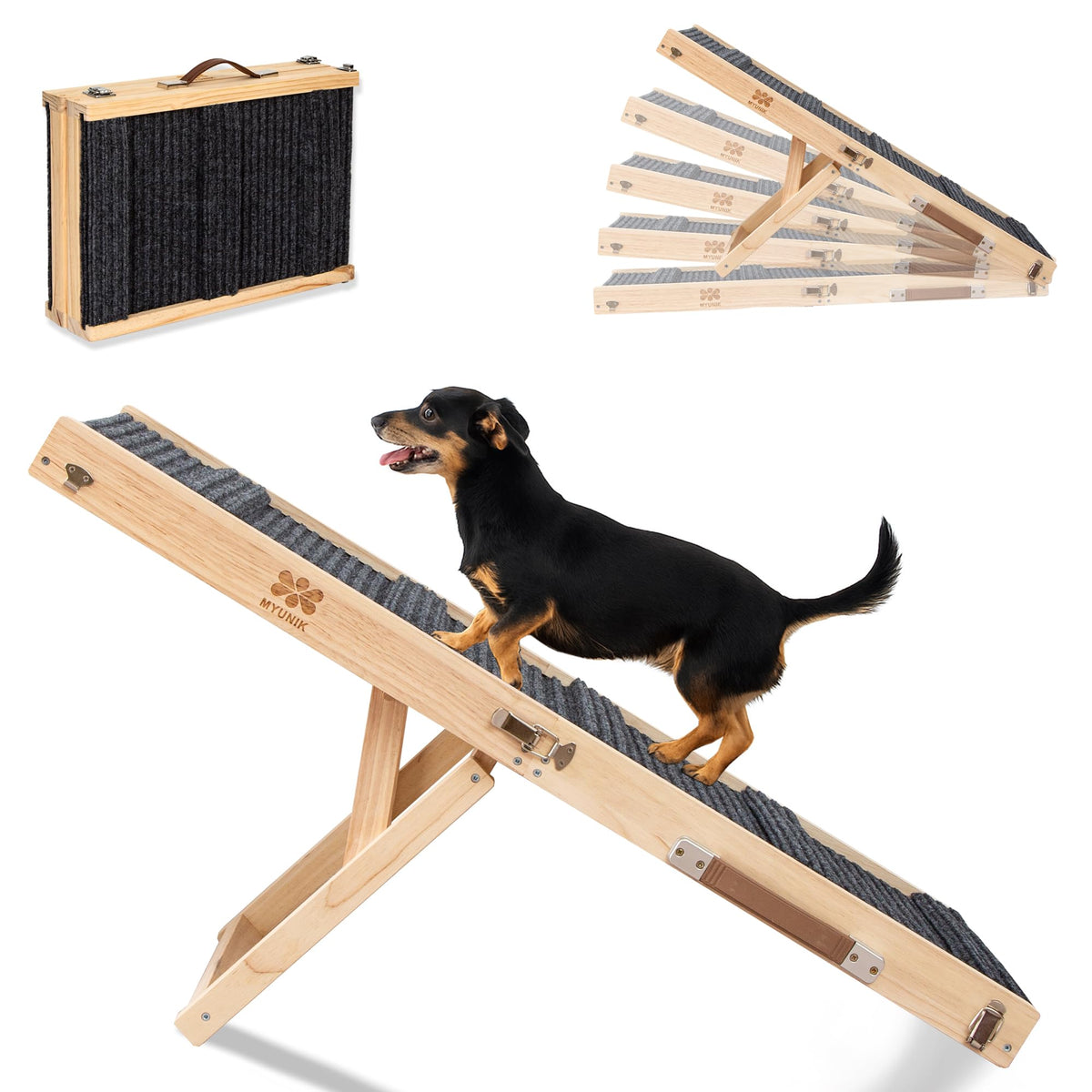 MYUNIK adjustable dog ramp on bed with 5 height levels for easy pet access