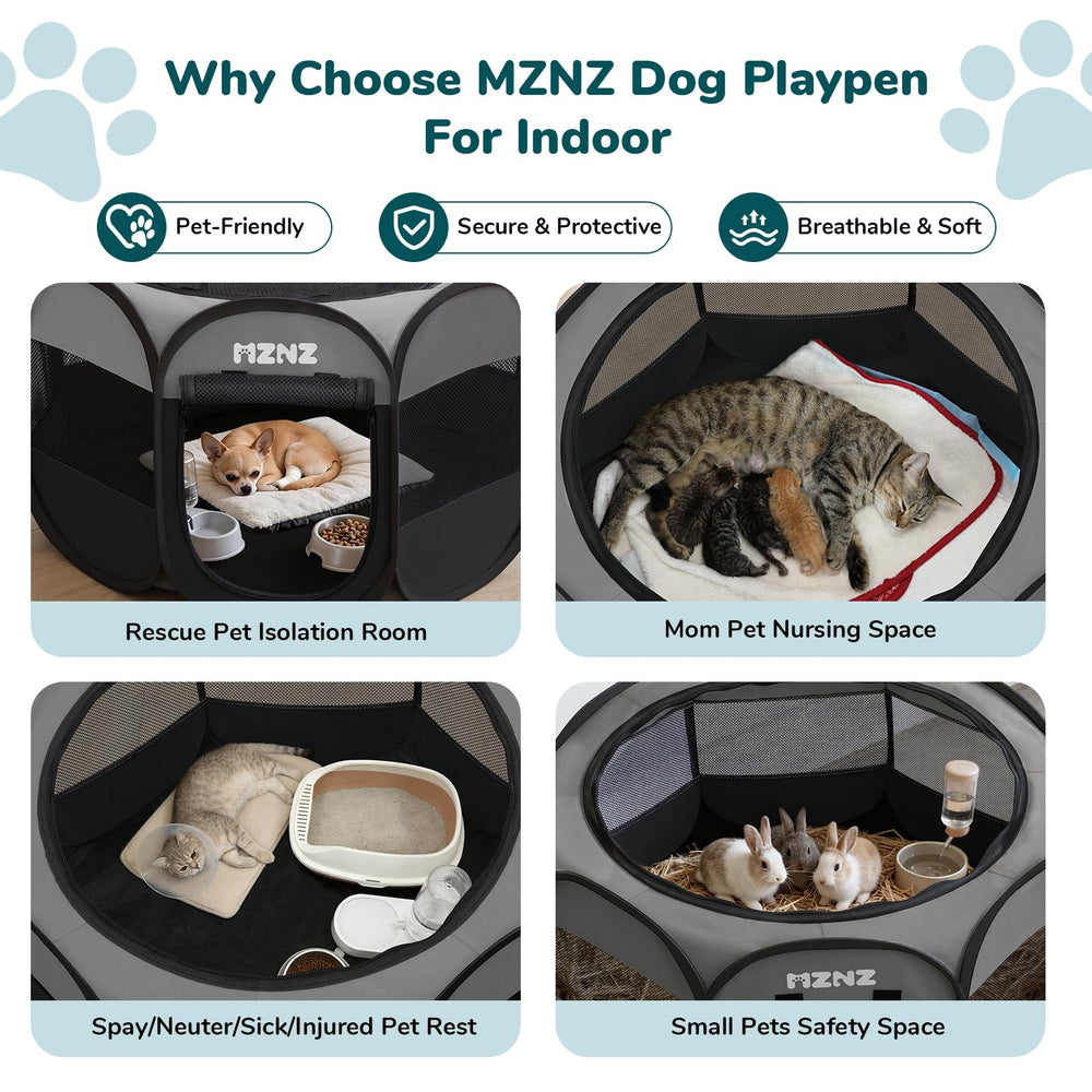 MZNZ playpen comes with carrying bag for travel-ready setup.