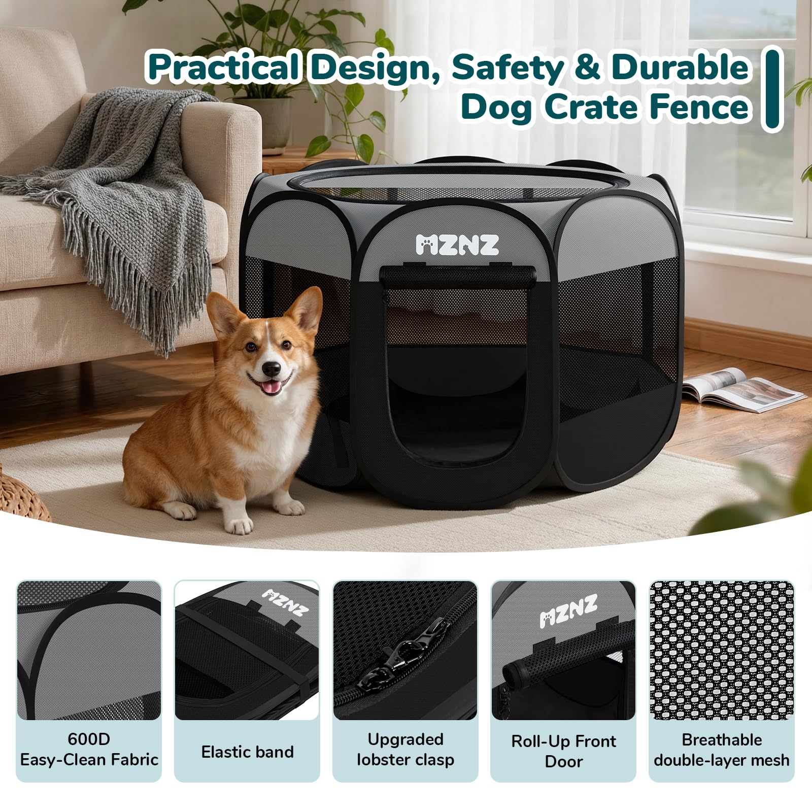 MZNZ dog playpen easy to clean with wipeable surface.