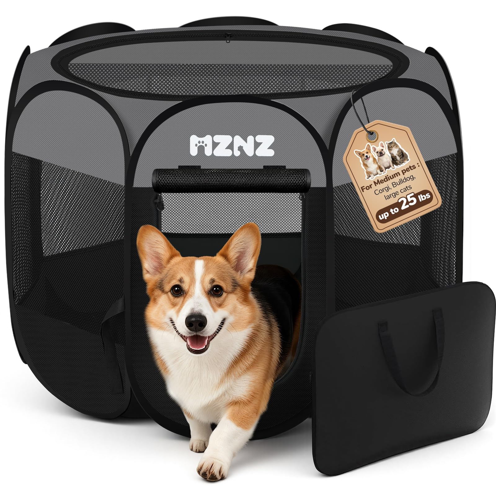 MZNZ dog playpen folded for travel in a carrying case.