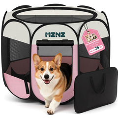 MZNZ Dog Playpen folded in pink for easy storage and travel