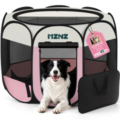 MZNZ dog playpen folded compact for easy transport.