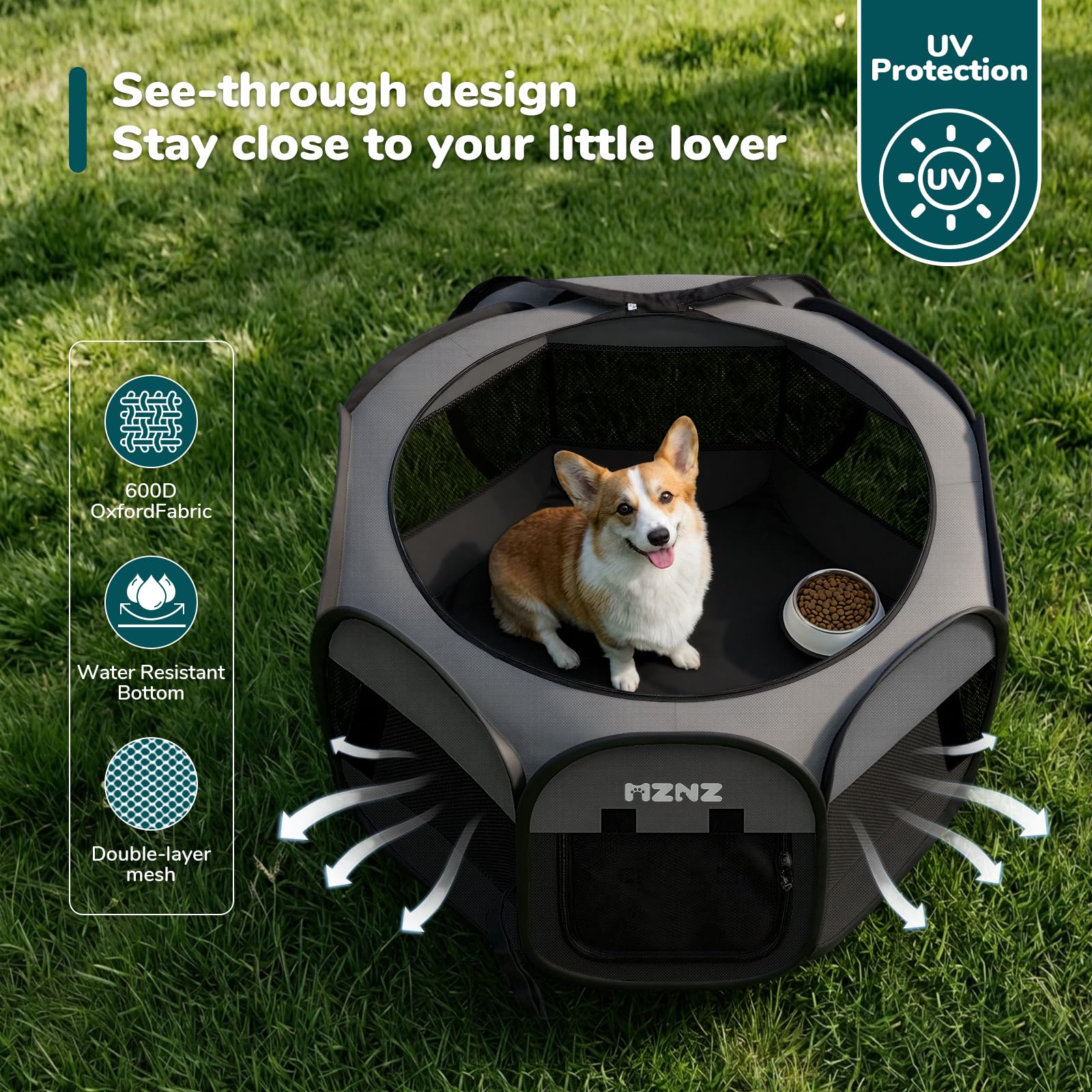 MZNZ dog playpen outdoor-ready with waterproof fabric.