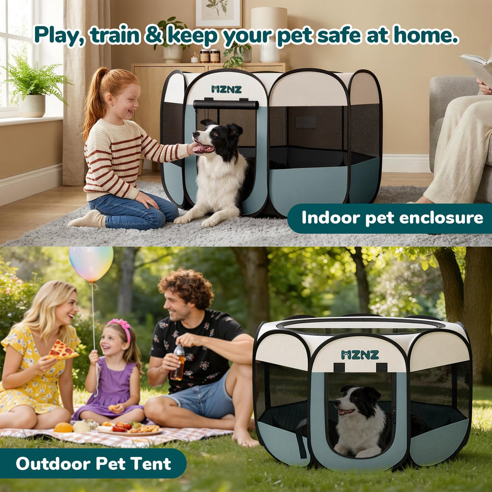 MZNZ dog playpen side door rolled up for quick access