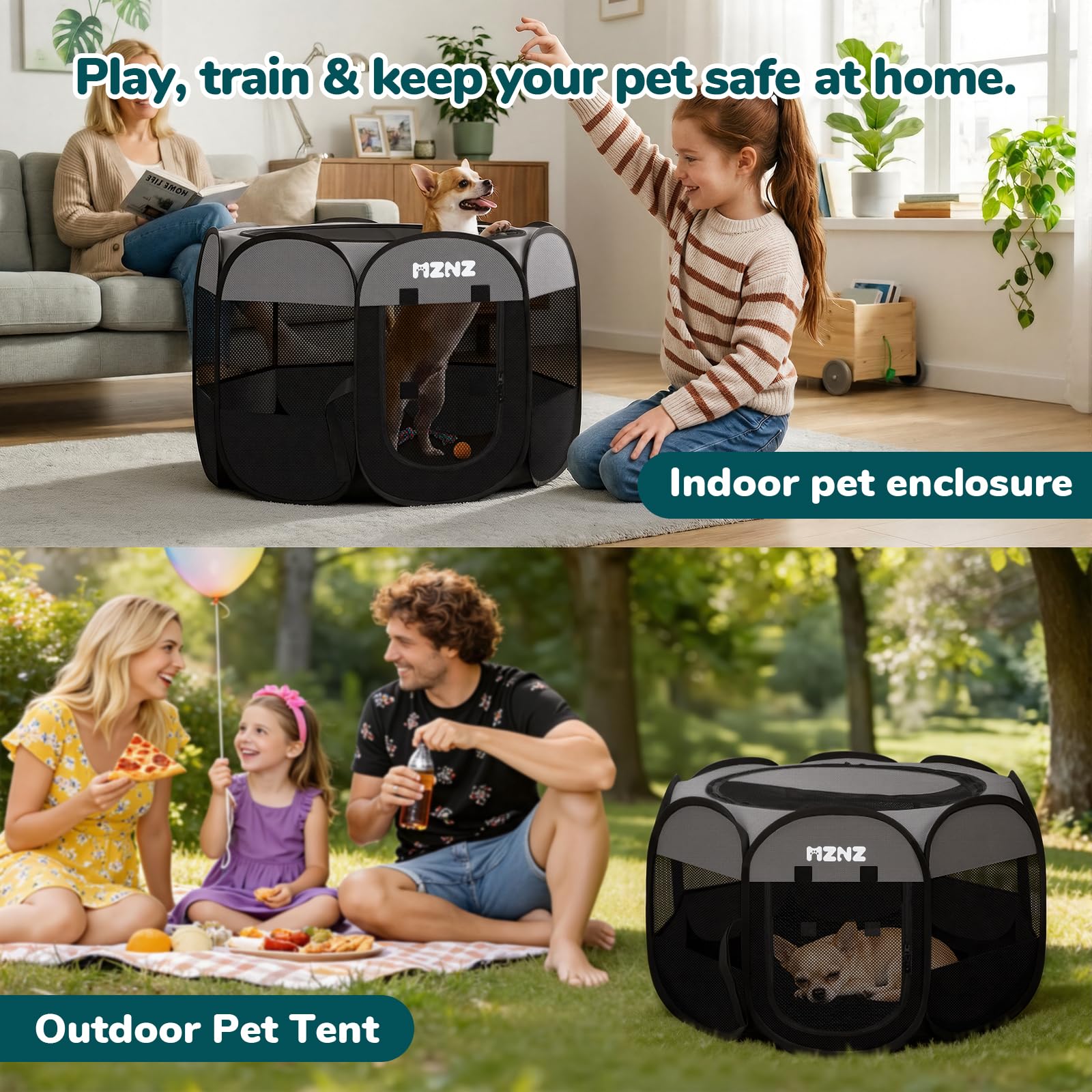 MZNZ dog playpen uses waterproof material for easy cleanup after adventures.