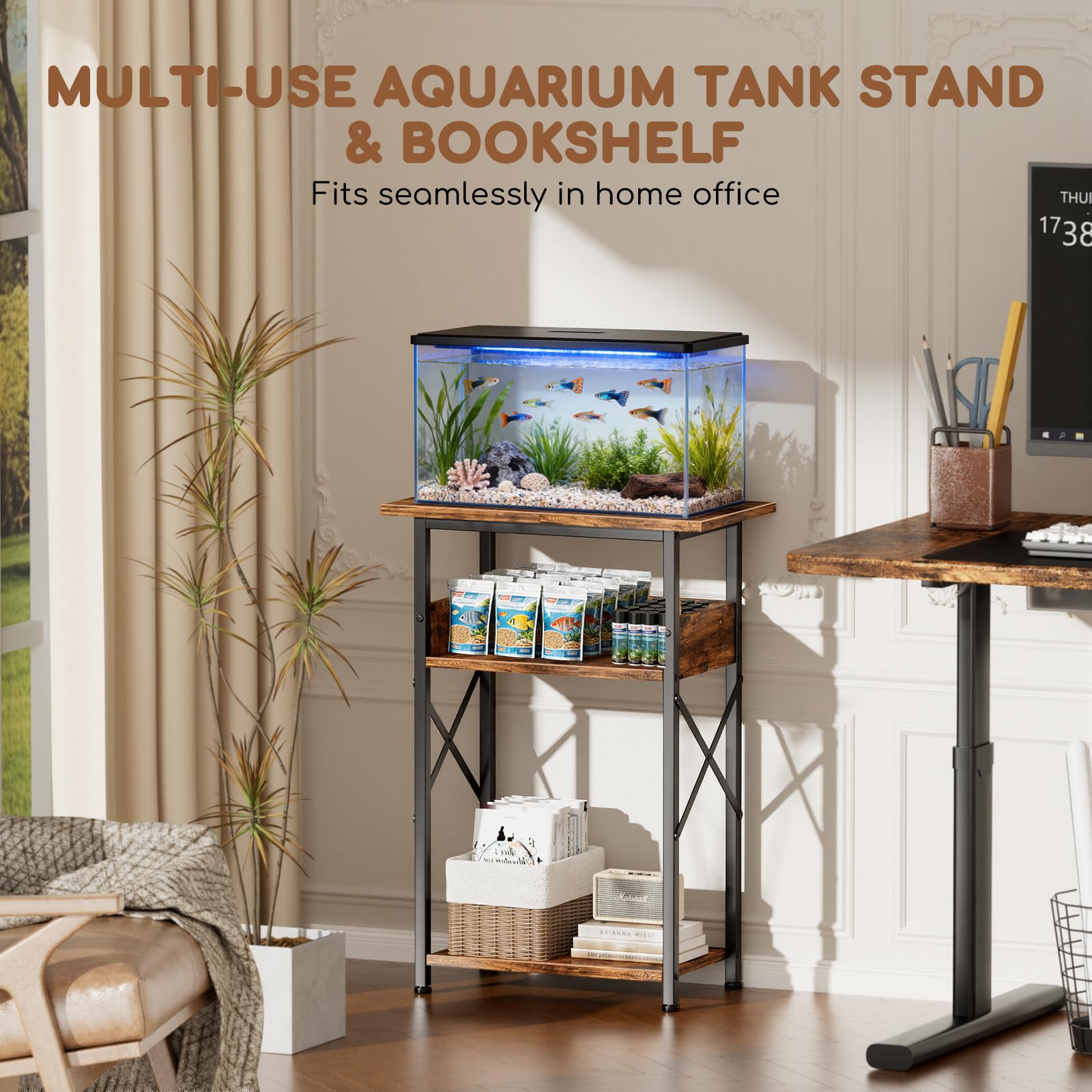 MZNZ open storage shelves keep filters, nets, and decor within reach.