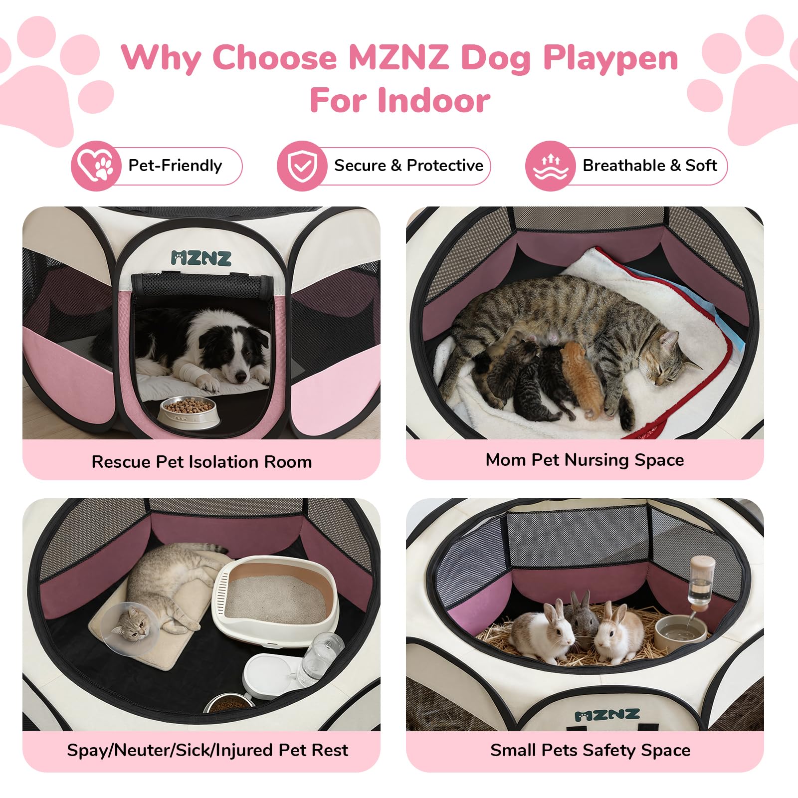 MZNZ puppy playpen top mesh emphasizes ventilation and visibility.