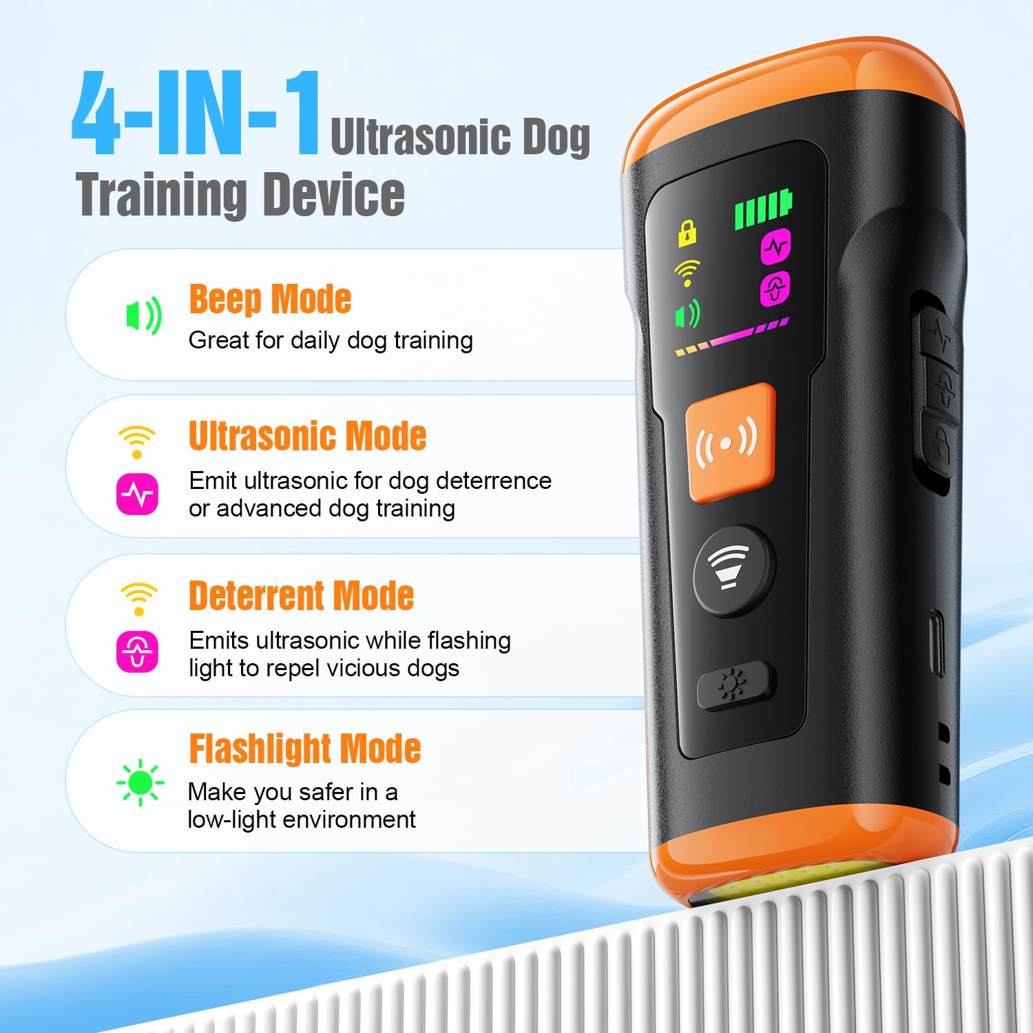 Mzorts dog bark deterrent device side view showing portable design for outdoor use