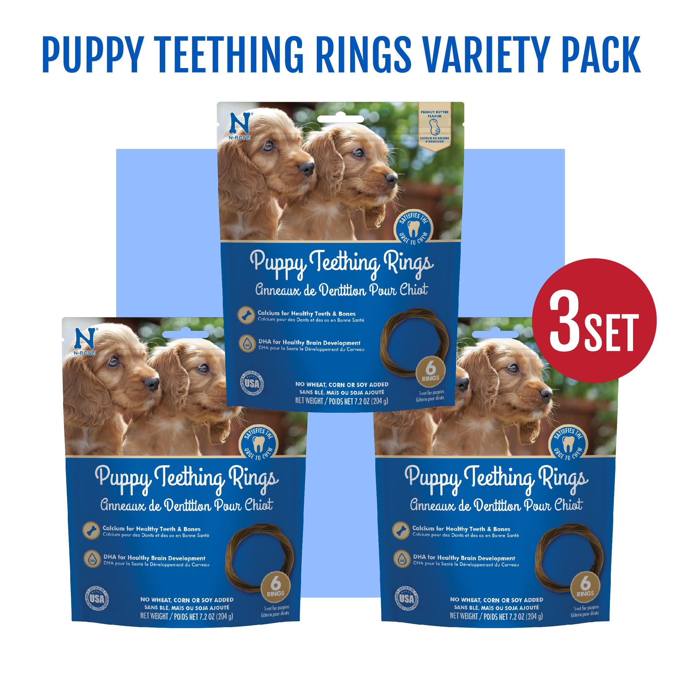 N-Bone teething ring in use during chewing for puppy comfort.