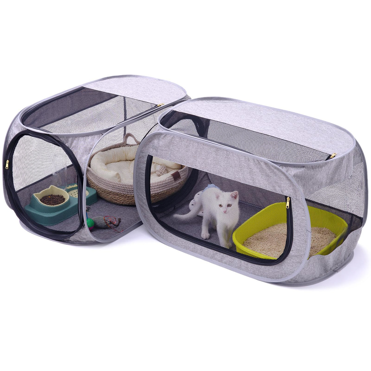 NAFU corner cat playpen with litter compartment shows space-saving indoor design.
