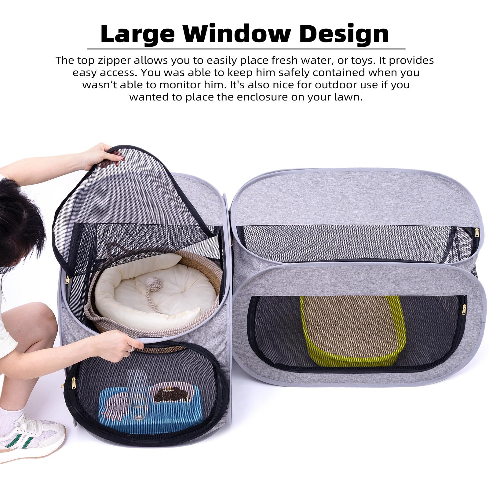 NAFU corner cat playpen upper opening enables quick access to water or toys.
