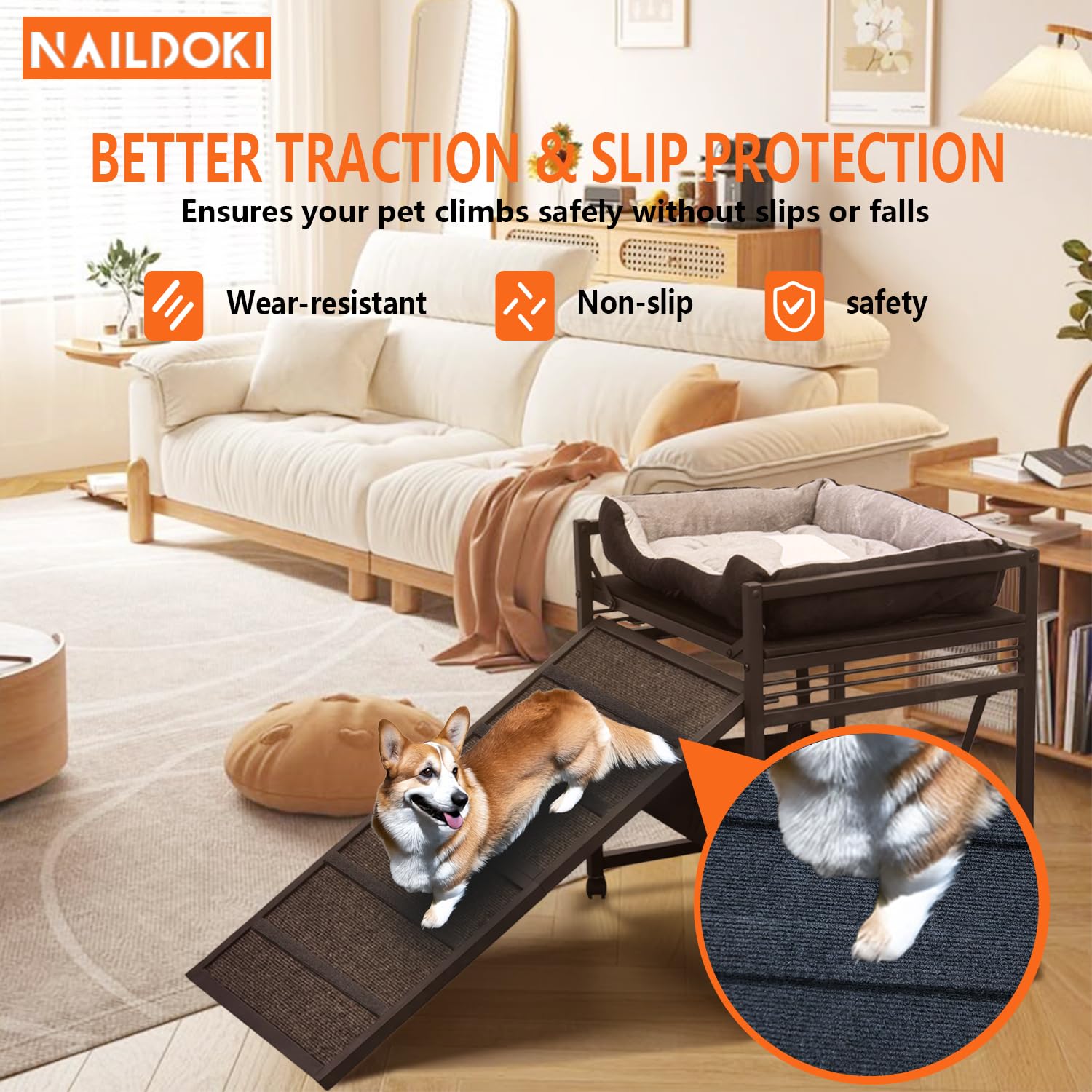 NAILDOKI folding pet steps under chair for discreet space saving storage.