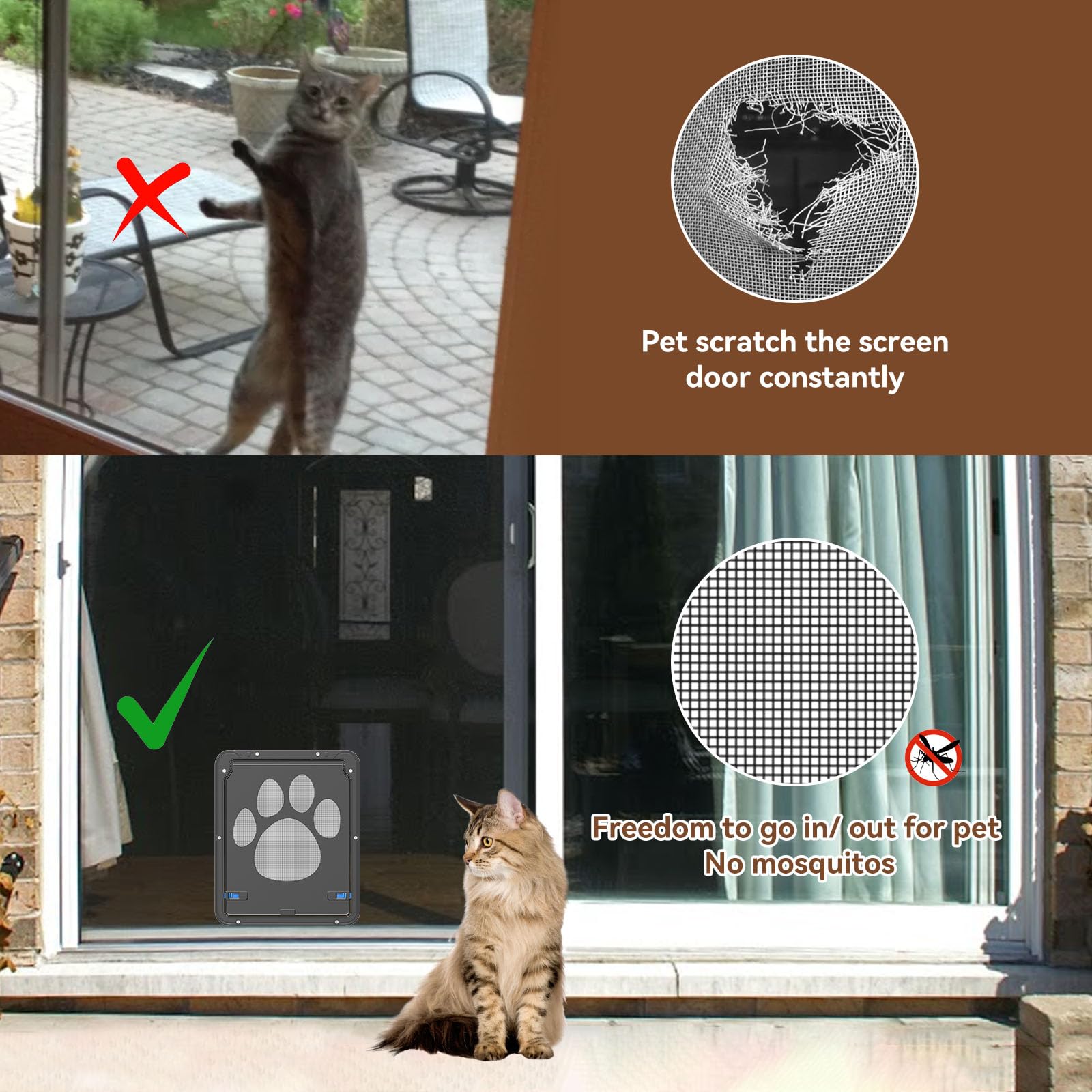 NAMSAN cat door installed on a screen door for easy setup.