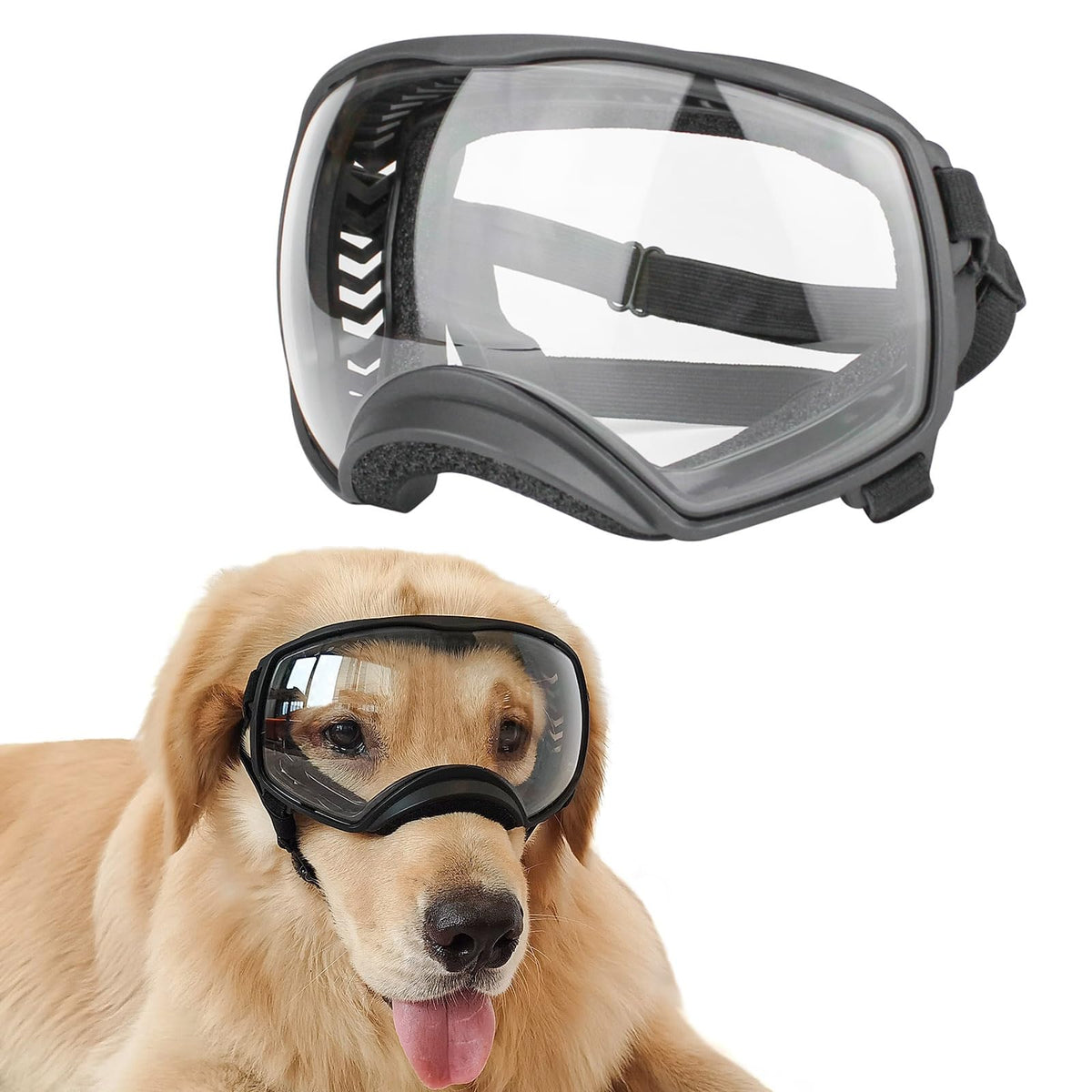 NAMSAN dog goggles front view with clear lenses for unobstructed outdoor viewing.