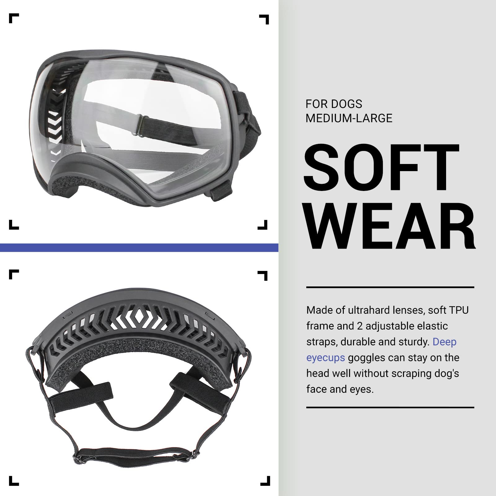 NAMSAN dog goggles side profile showing wrap-around fit.