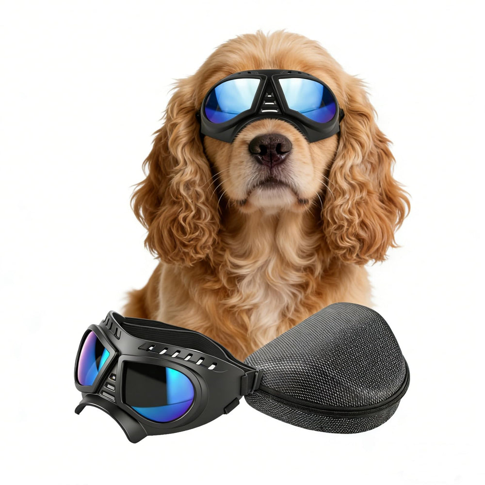 NAMSAN dog goggles with blue lens offering UV protection for small breeds.