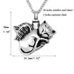 NanMuc Cute Angel Cat Urn Necklace side view highlights the winged pendant.
