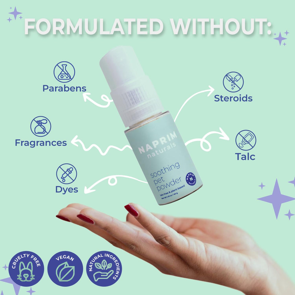 Naprim Naturals dry shampoo for dogs refreshing between baths.