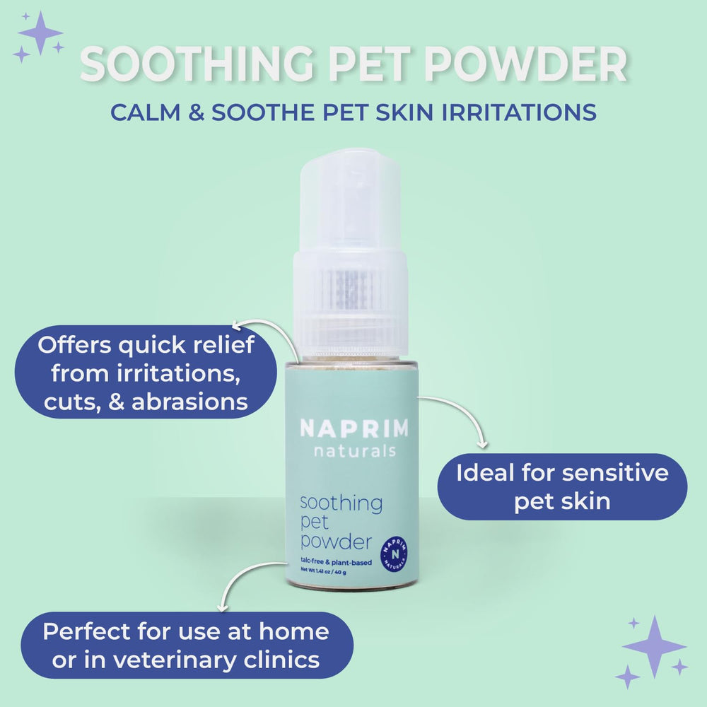 Naprim Naturals paw application showing talc-free care for sensitive paws.
