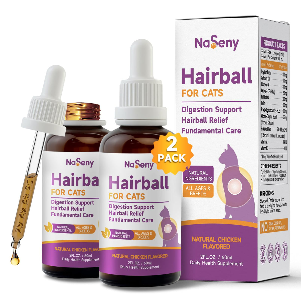 NaSeny cat hairball remedy bottle pour for easy daily dosing and hairball support.