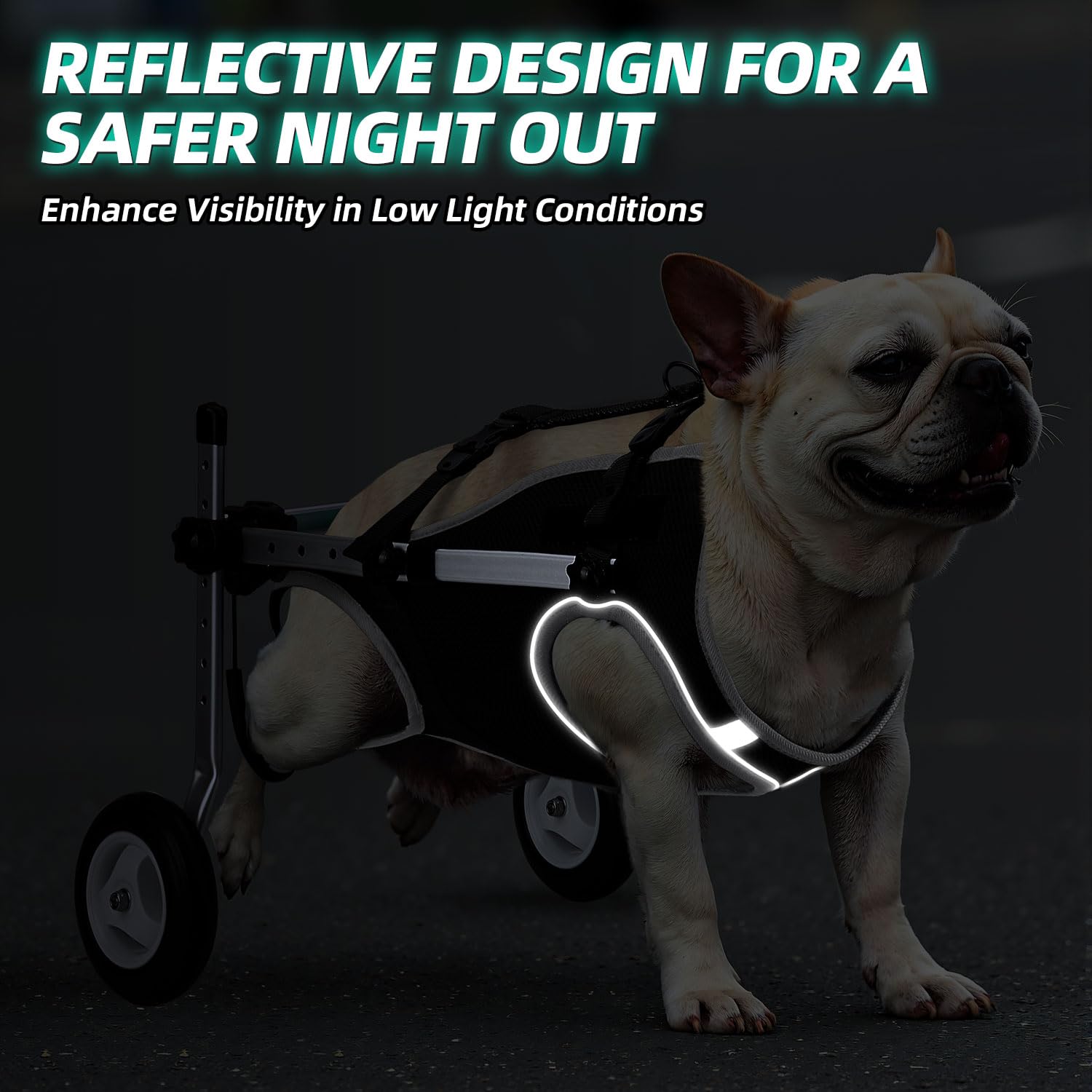 Nasjac dog wheelchair reflective stripes enhance visibility during night walks.