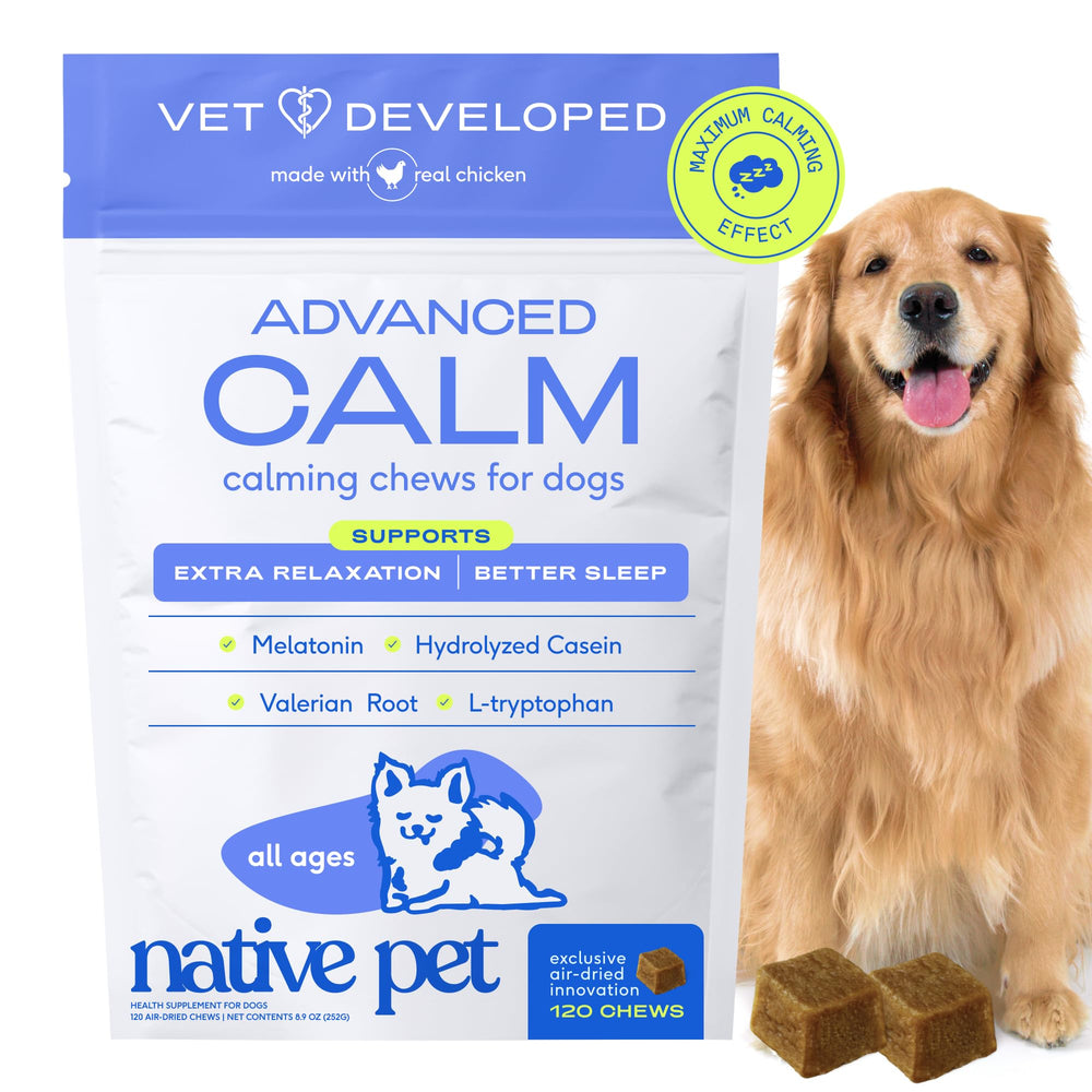 Native Pet Advanced Calming Chews bottle promotes calm in anxious dogs