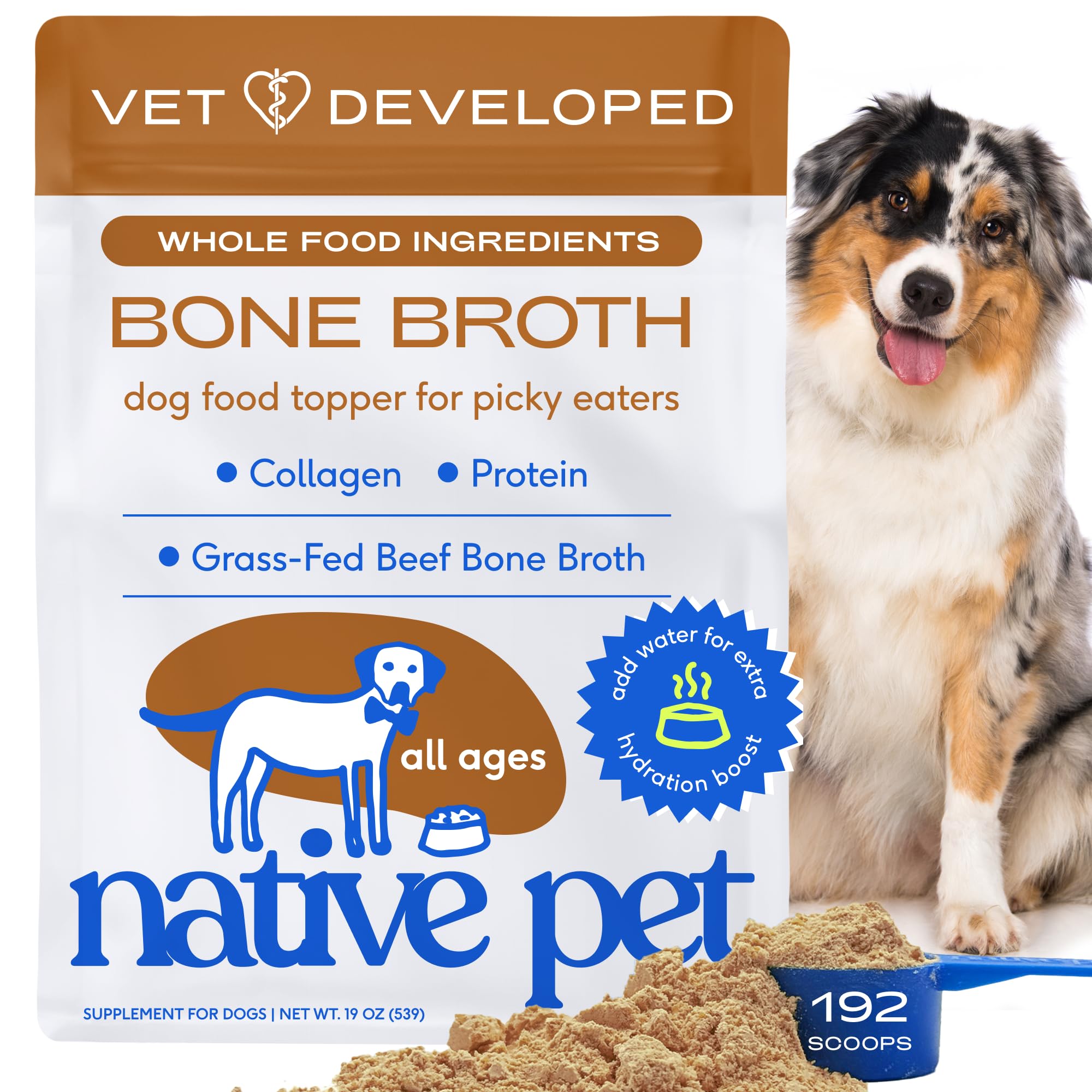 Native Pet beef bone broth powder tub boosts hydration and meal flavor for dogs and cats.