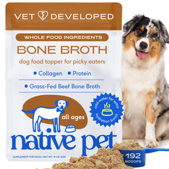Native Pet beef bone broth powder tub boosts hydration and meal flavor for dogs and cats.