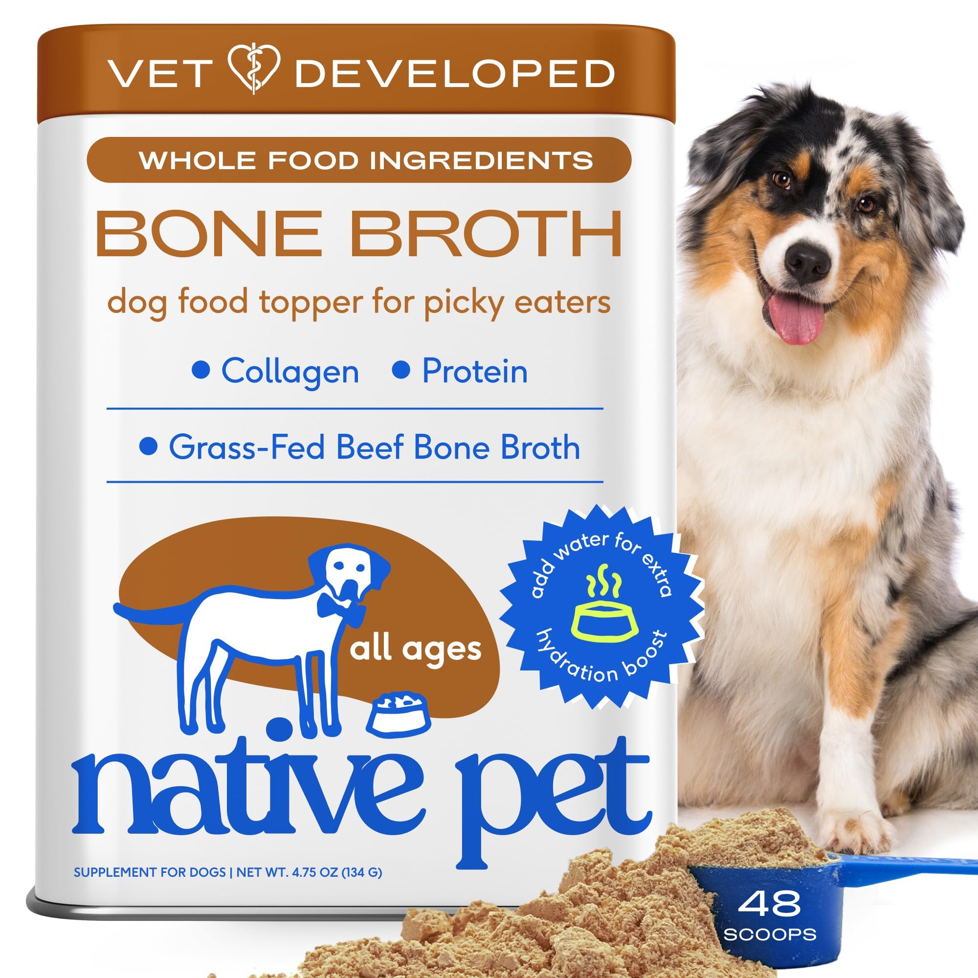 Native Pet Bone Broth for Dogs toppers on kibble boosts flavor and appeal.