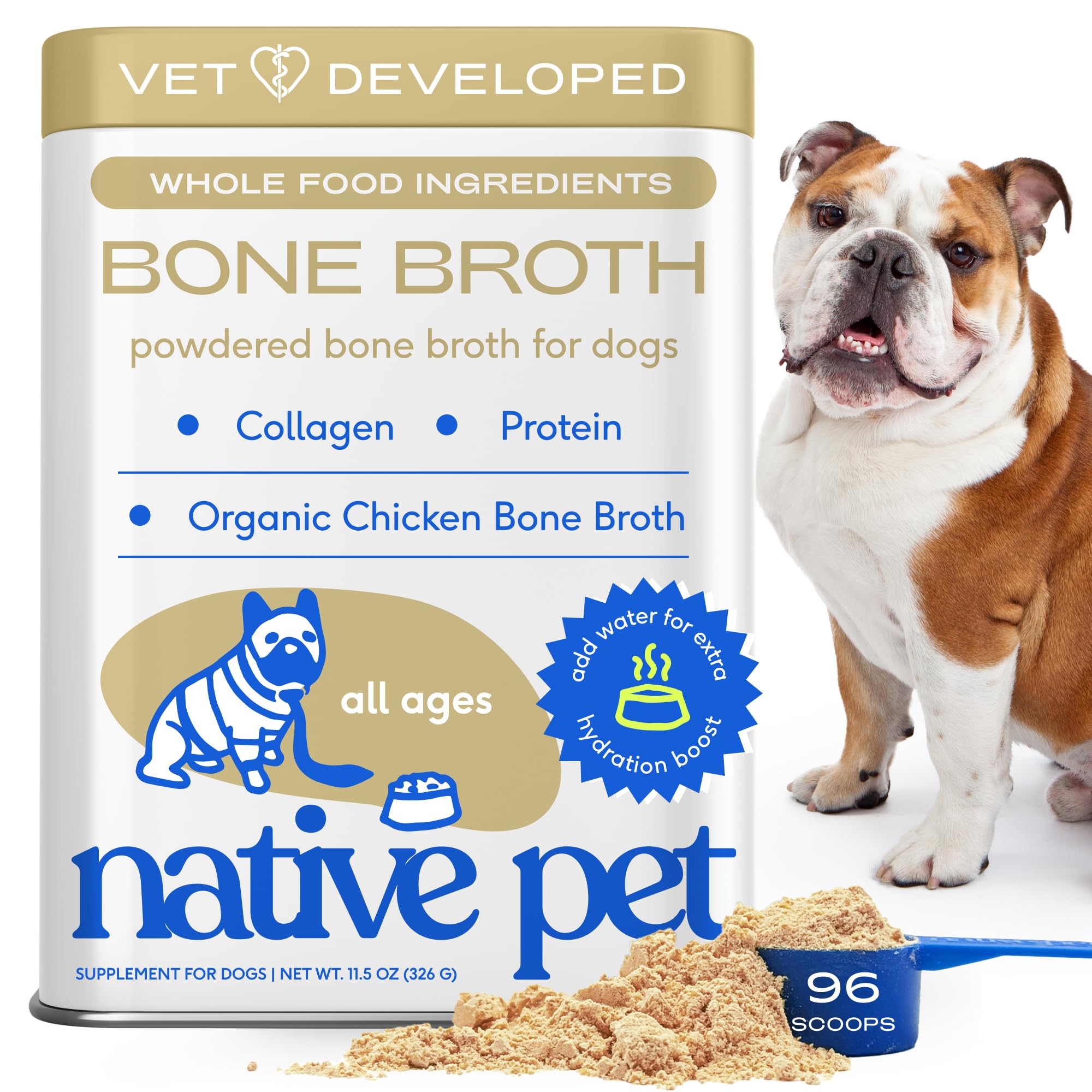 Native Pet bone broth powder bottle pour enhances meals with savory aroma.