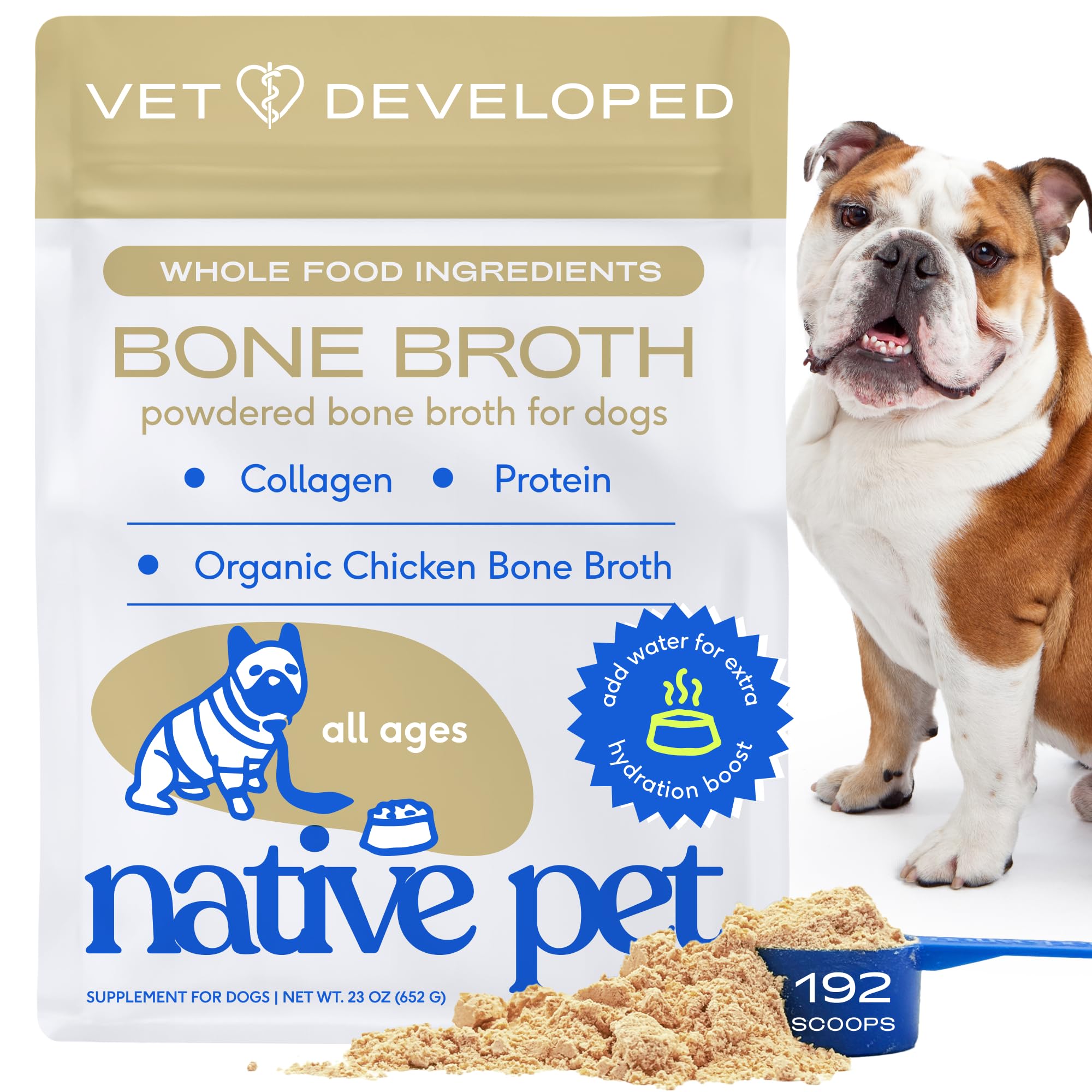 Native Pet bone broth powder with chicken ingredients to support balanced meals
