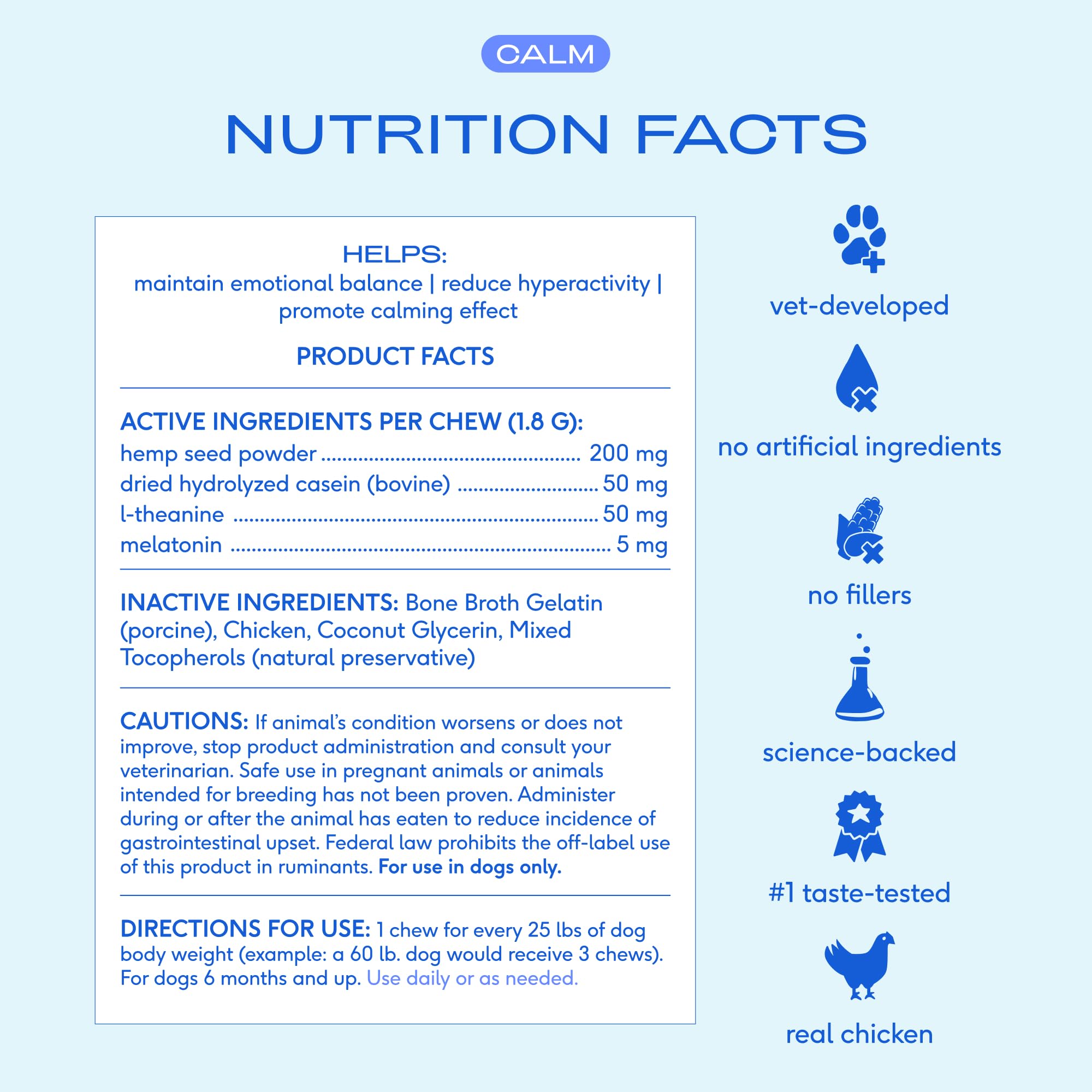 Native Pet Calming Chews casein ingredient highlight indicating gentle protein source for dogs.