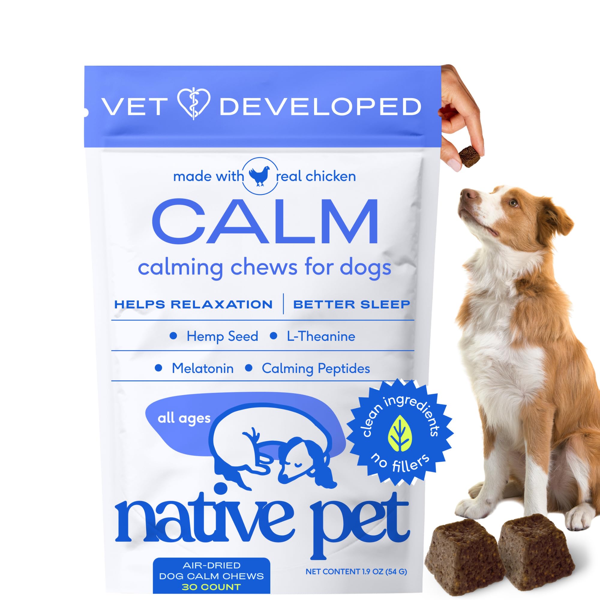 Native Pet Calming Chews bottle pour shows daily dosage for calmer dogs
