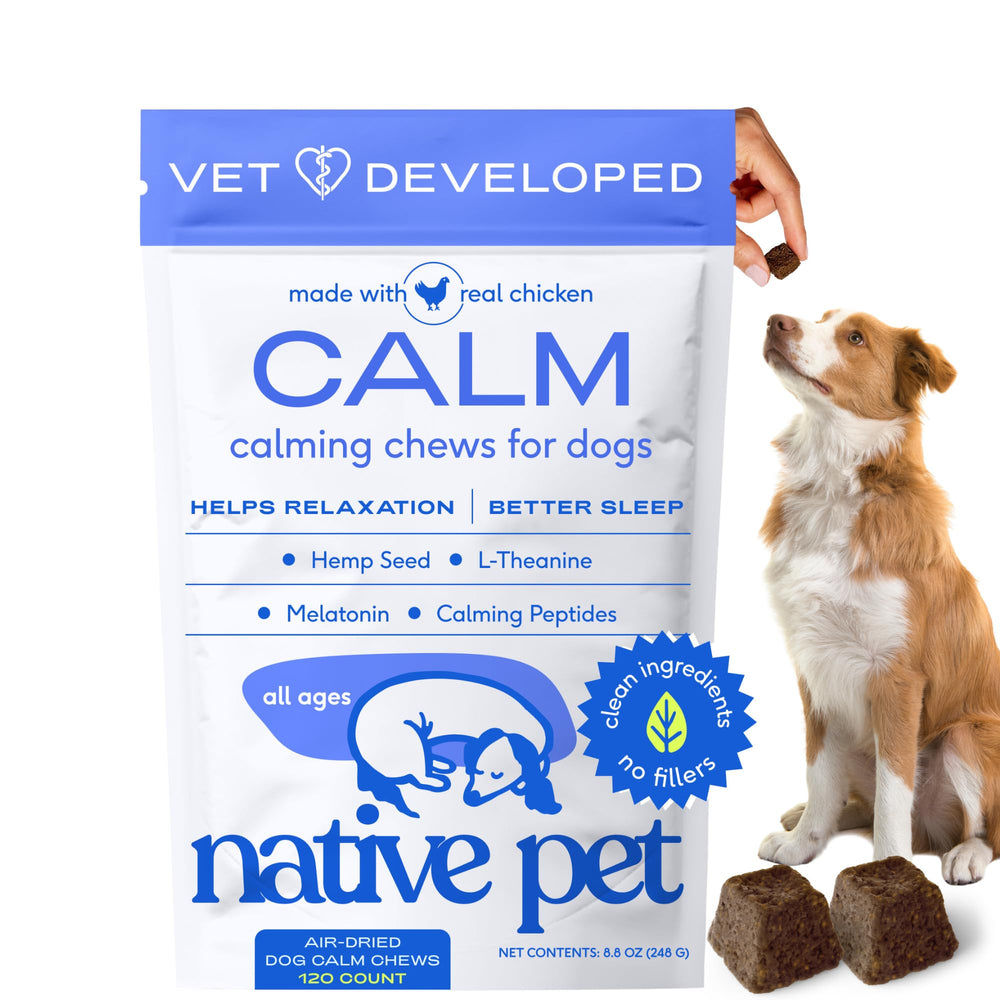 Native Pet Calming Chews bottle close-up showing calming support for dogs.