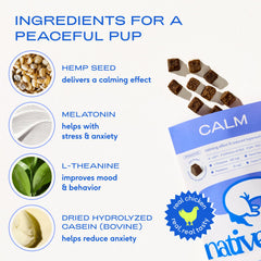 Native Pet Calming Chews jar label highlighting USA-made vet-formulated quality