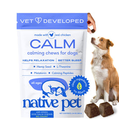 Native Pet Calming Chews bottle supports calm for dogs during stressful moments.