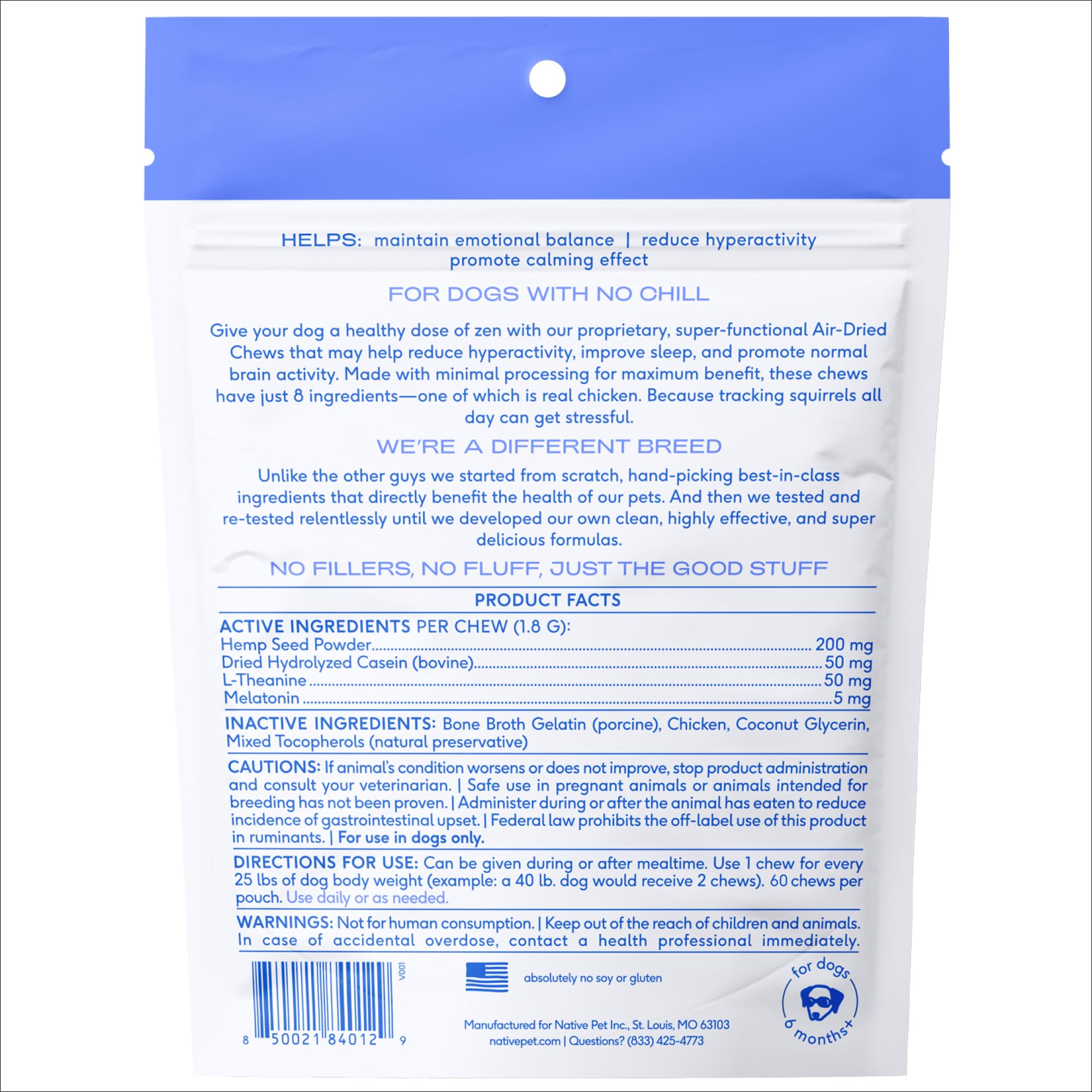 Native Pet Calming Chews daily serving before stressors to support calm.
