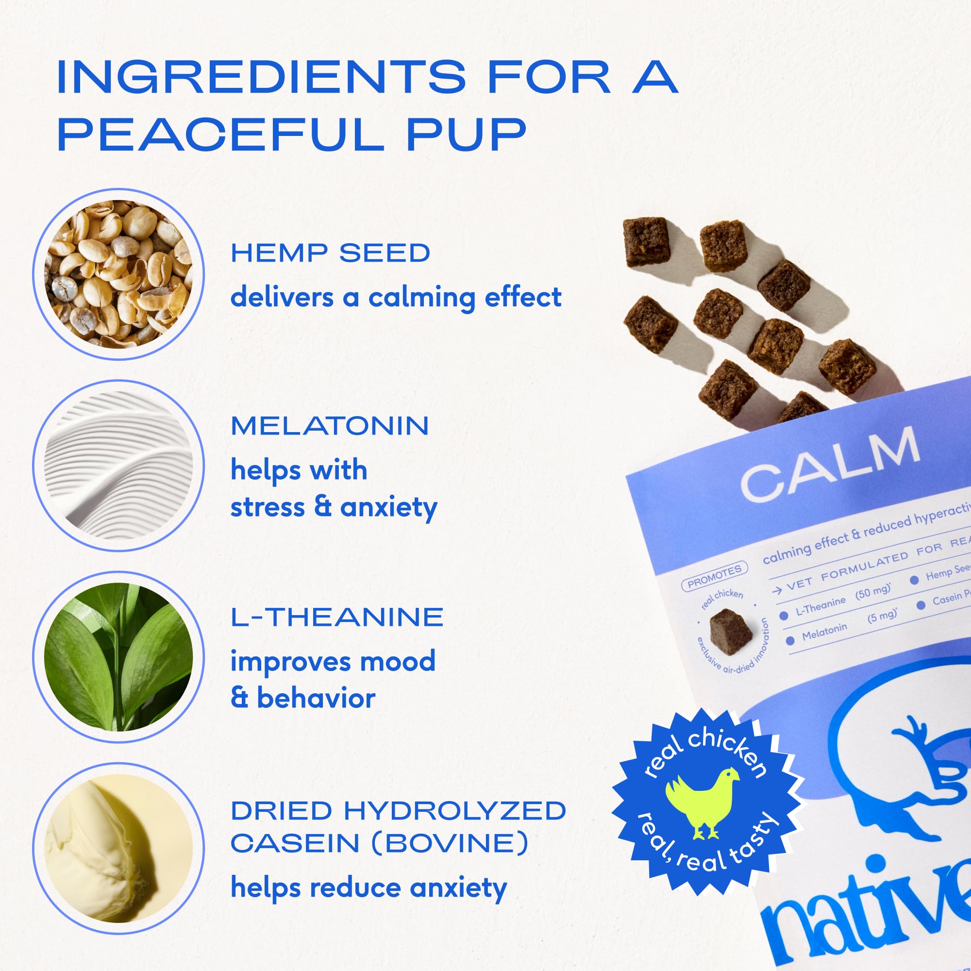 Native Pet Calming Chews ingredients display with hemp seed and L-theanine for balance.