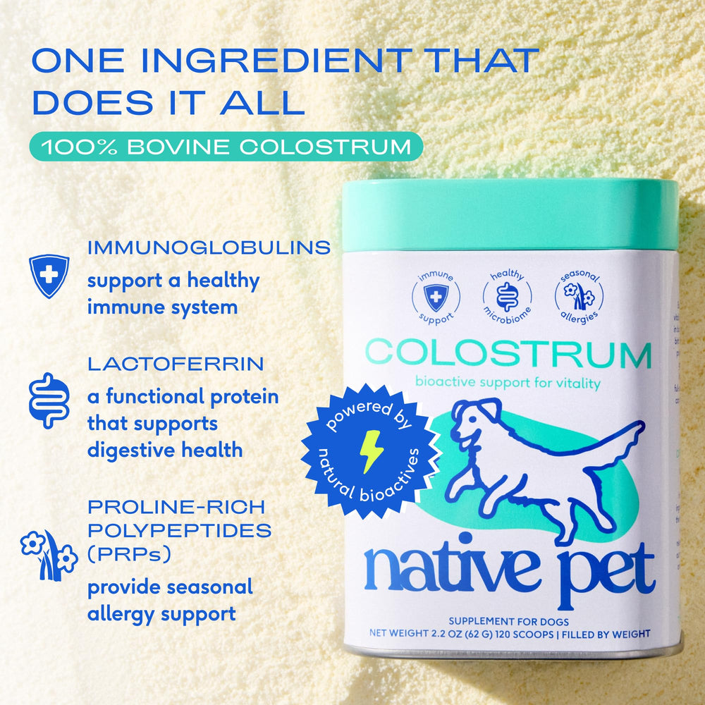 Native Pet Colostrum for Dogs label closeup shows USA-made, single-ingredient formula.