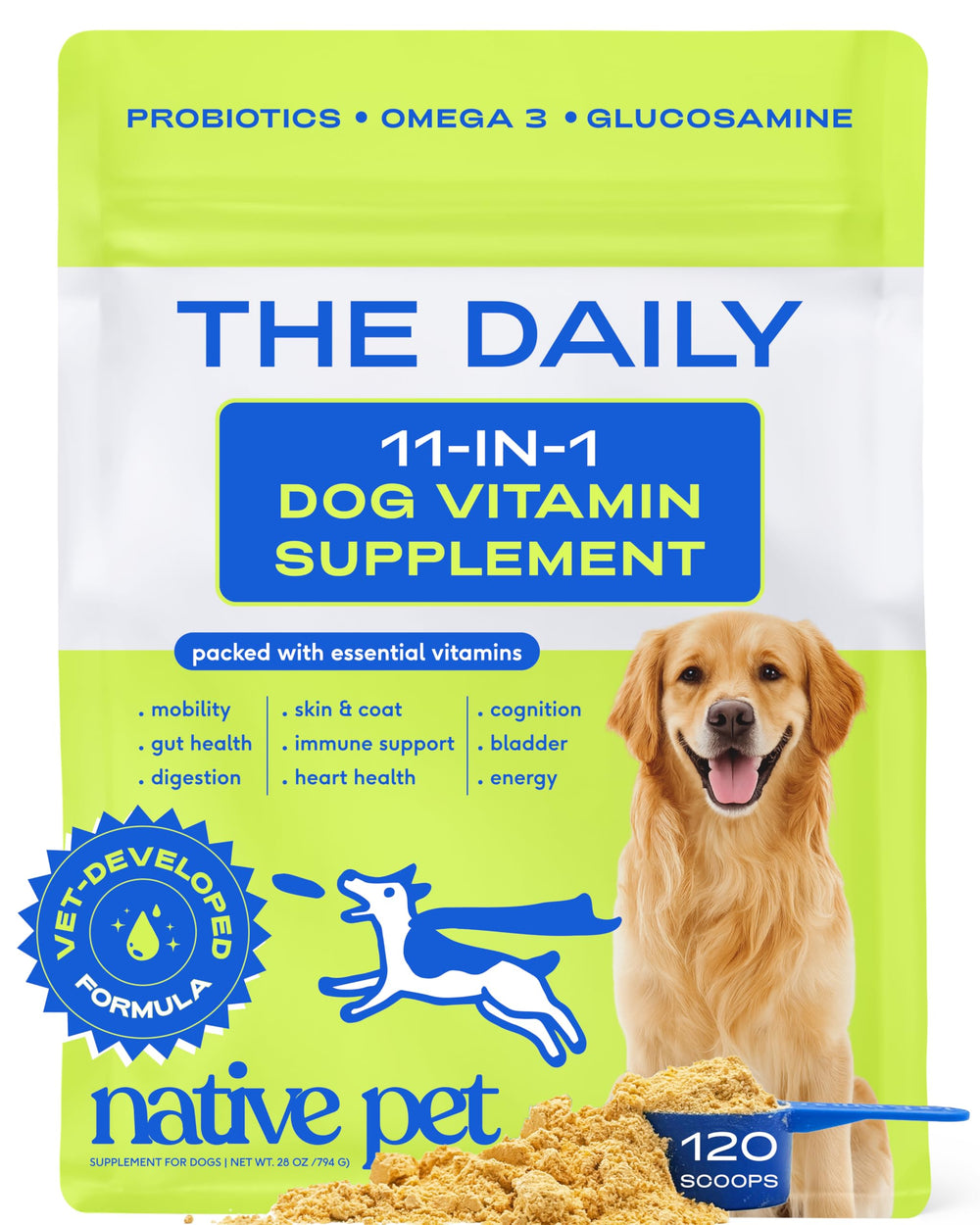 Native Pet bottle with scoop showing the 11-in-1 daily dog vitamins for vitality