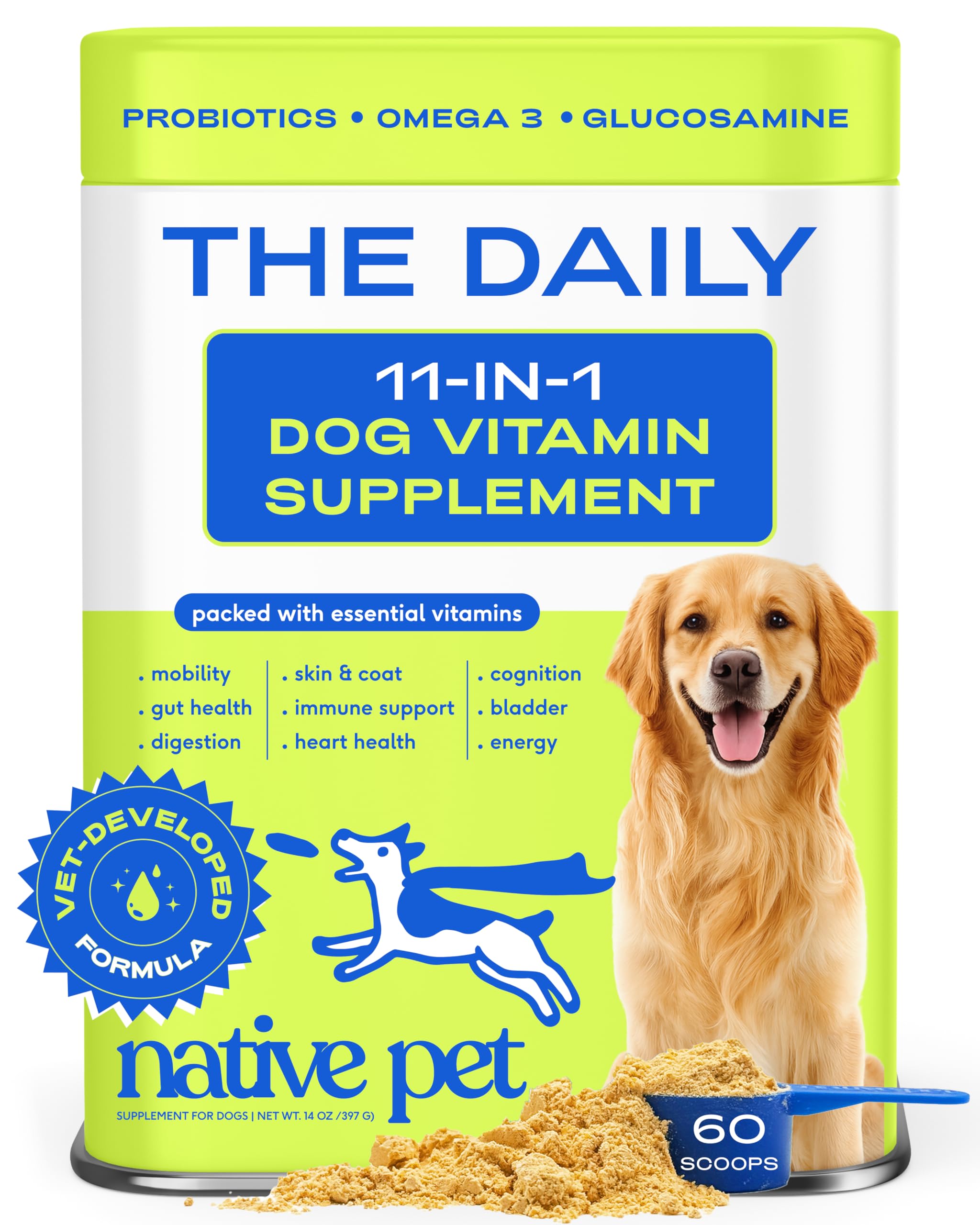 Native Pet Daily Dog Vitamins powder with scoop for easy daily dosing and nutrition.