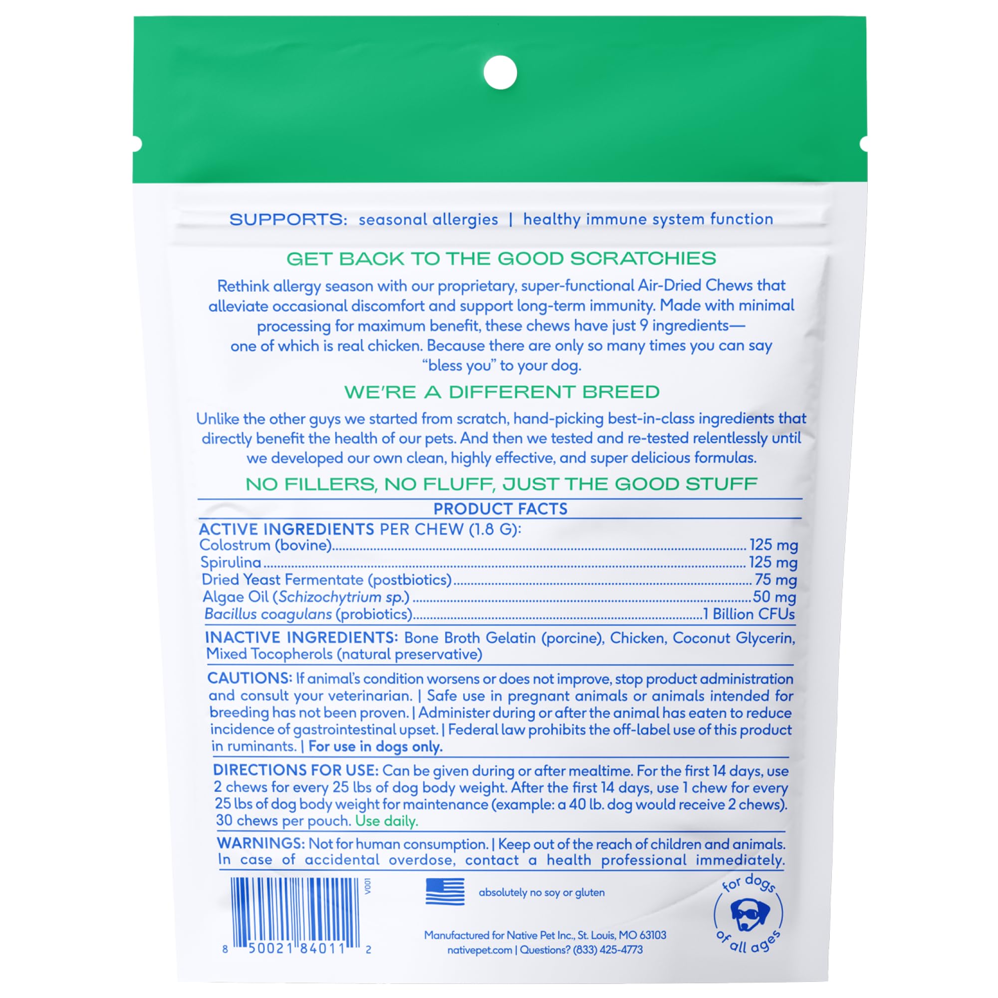 Native Pet Dog Allergy Chews label-details note packaging changes while ingredients stay the same.