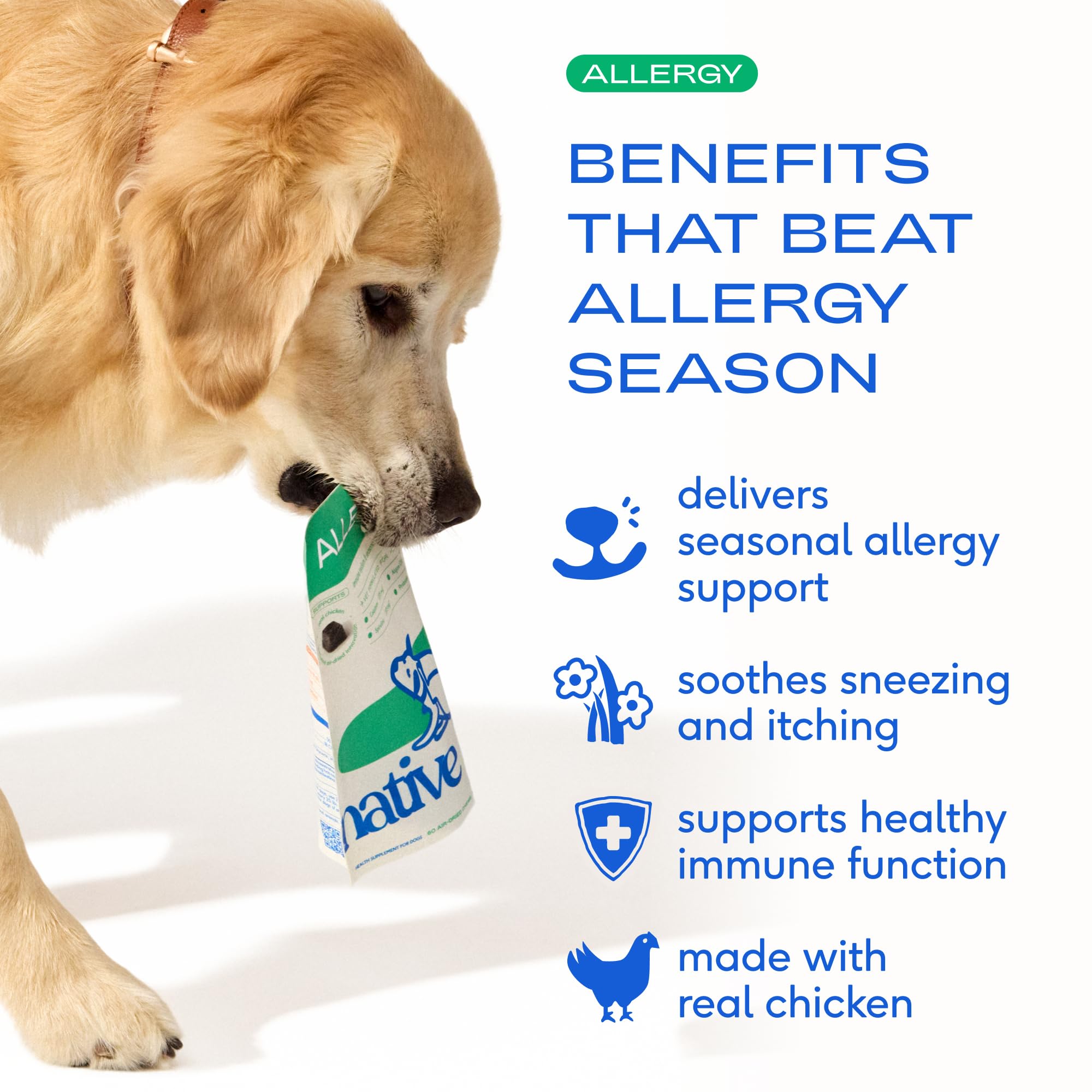 Native Pet Dog Allergy Chews serving dispense illustrates precise servings for steady use