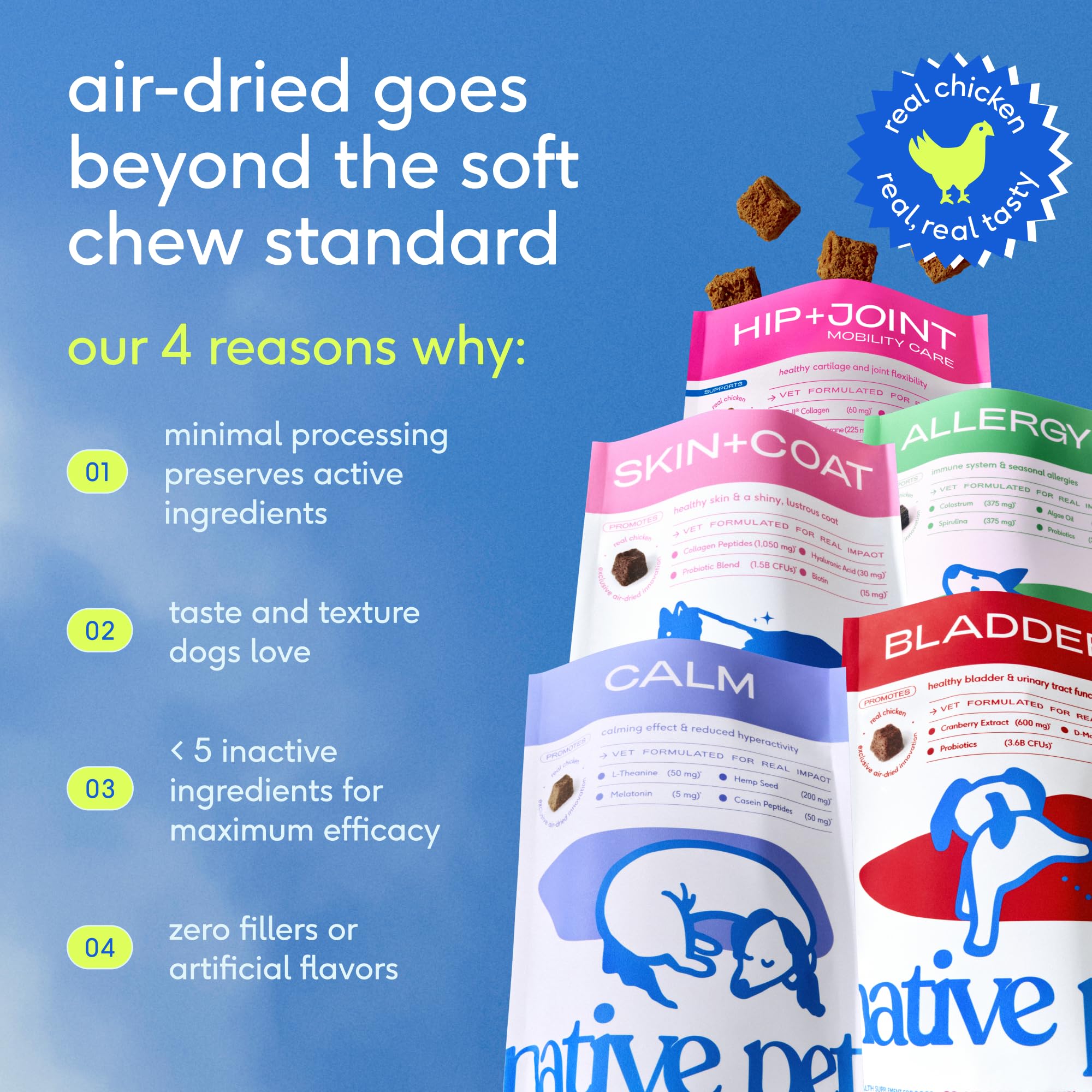 Dog enjoying Native Pet UTI chew at mealtime for easy daily use.