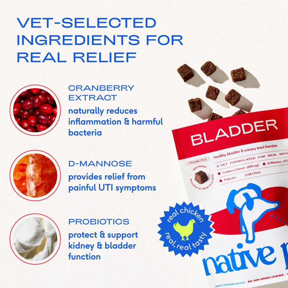 Ingredients chart highlights Cranberry Extract, D-Mannose, and Probiotics.