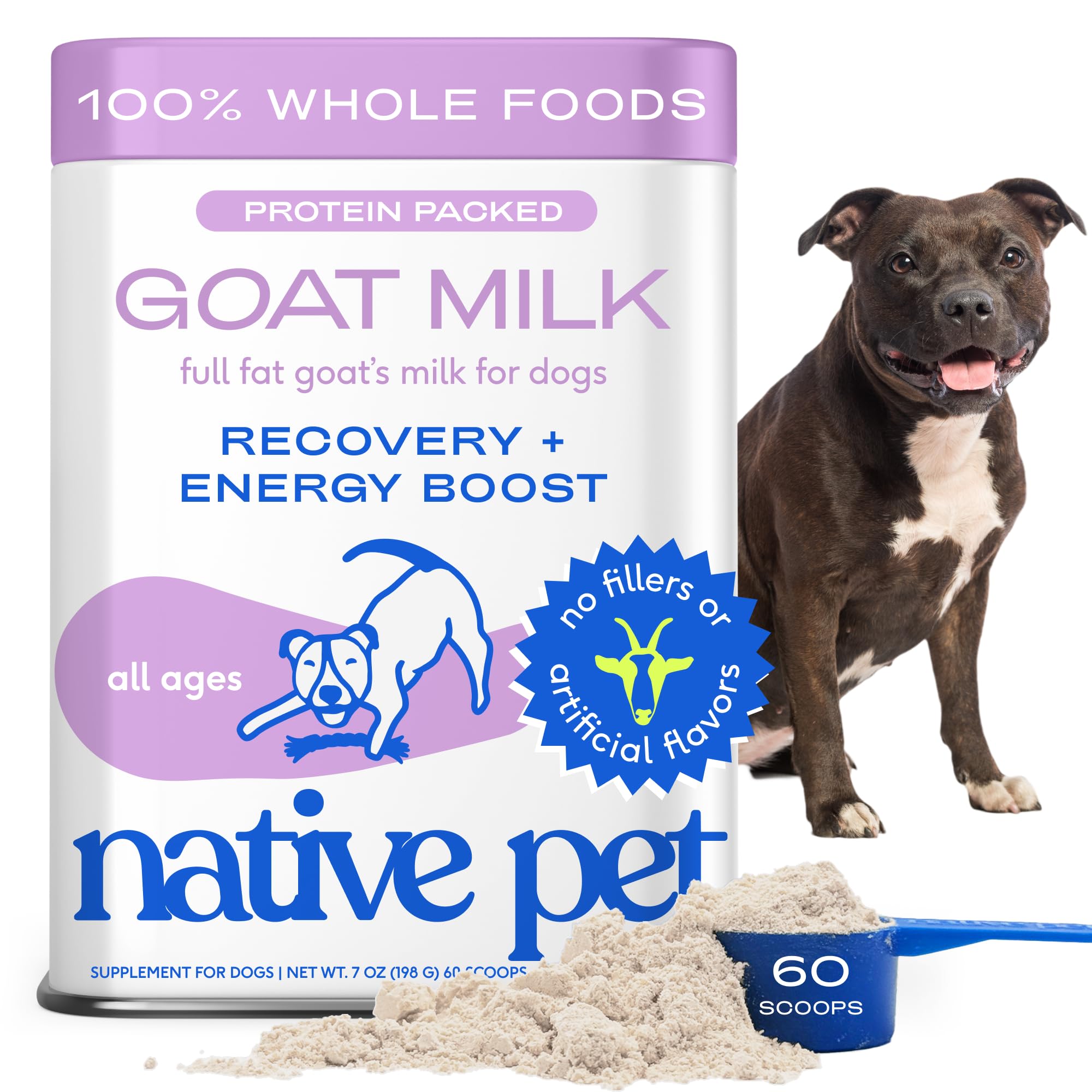 Native Pet Goat Milk Powder packaging shows a clean, single-ingredient formula