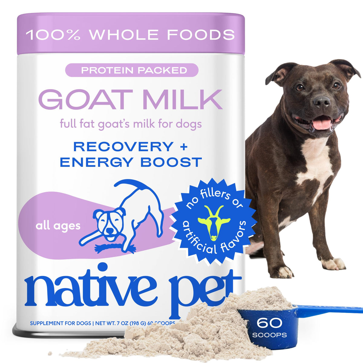 Native Pet Goat Milk Powder packaging shows a clean, single-ingredient formula