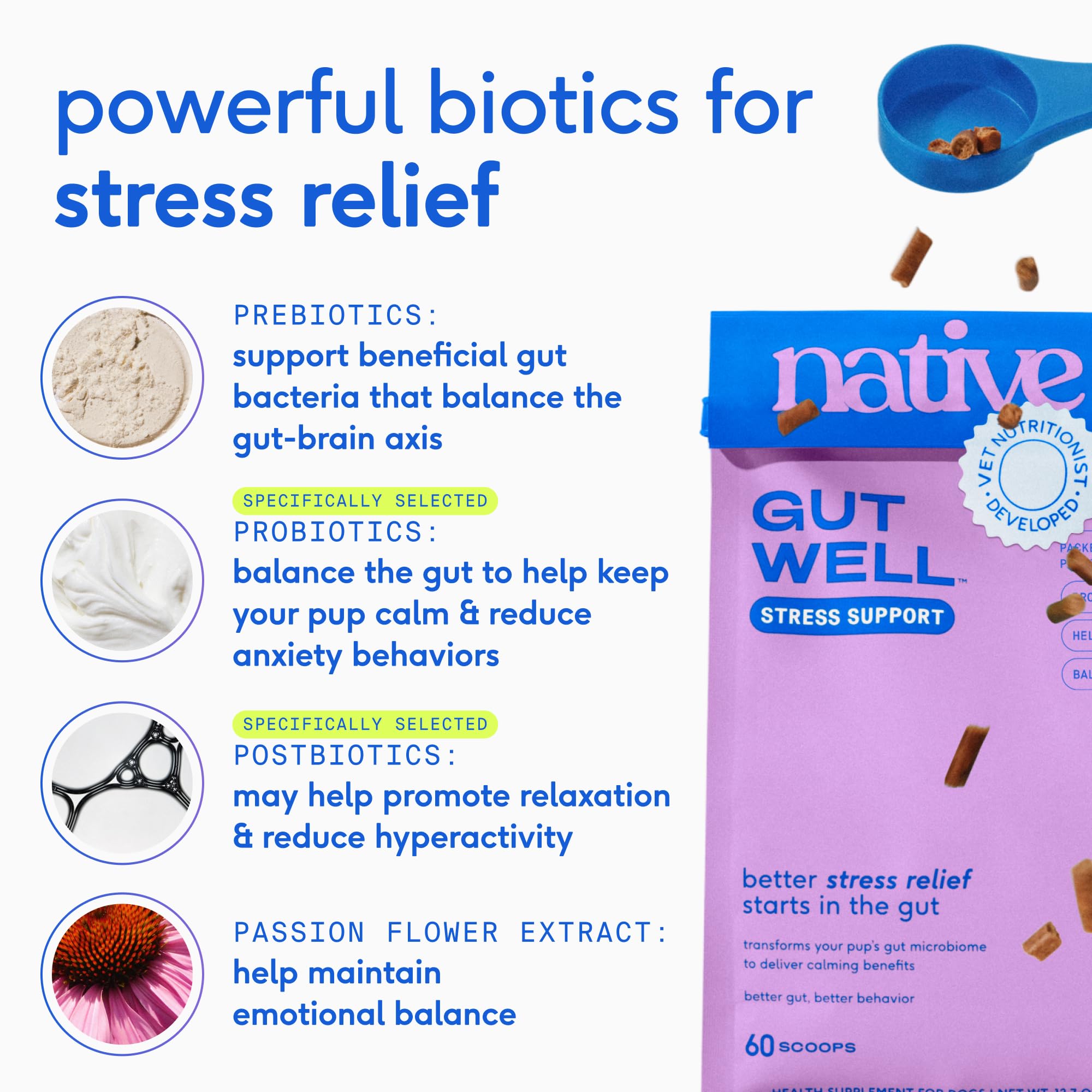 Native Pet GutWell dog meal with supplement demonstrates easy daily dosing for all sizes.