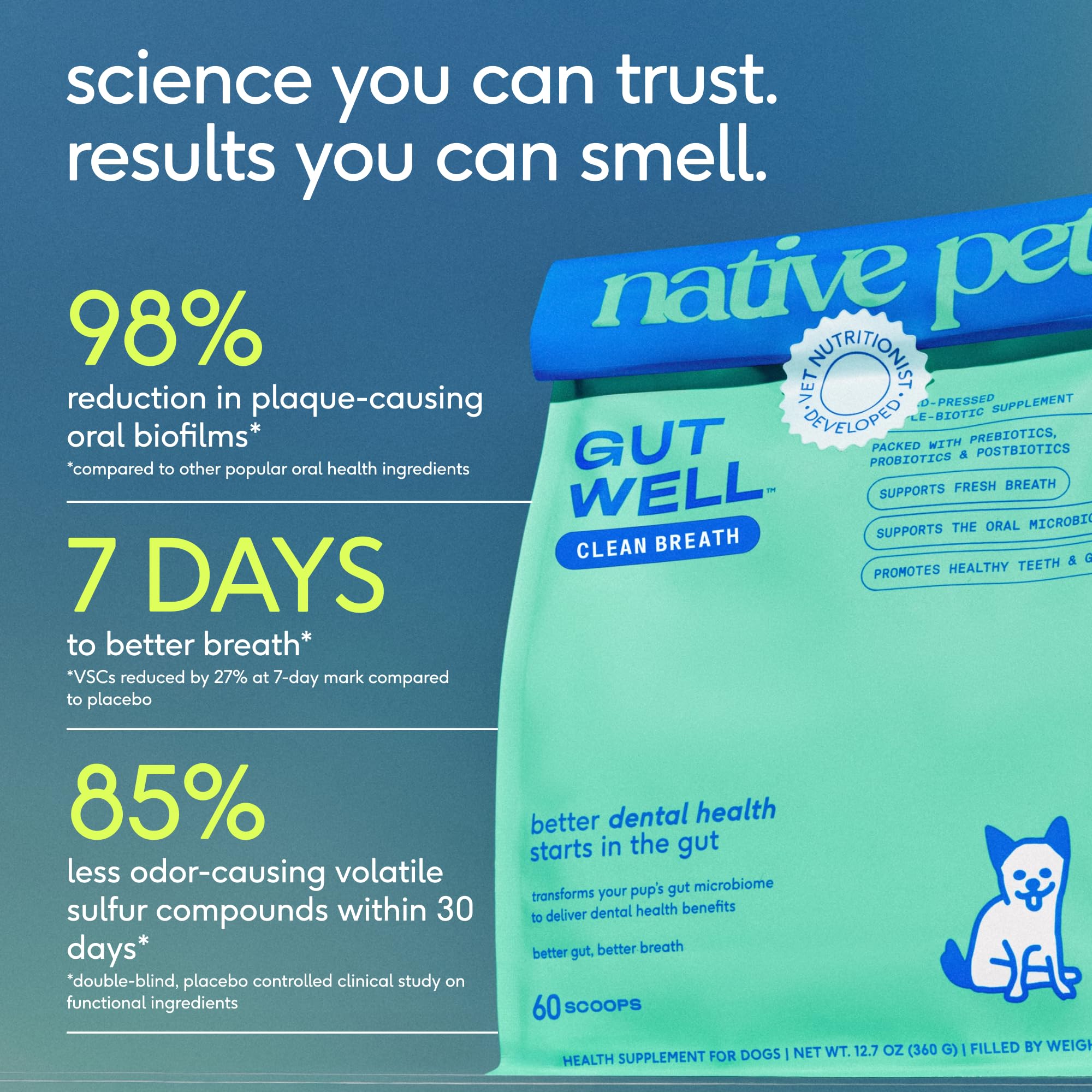 Native Pet GutWell dental powder close-up for routine care.
