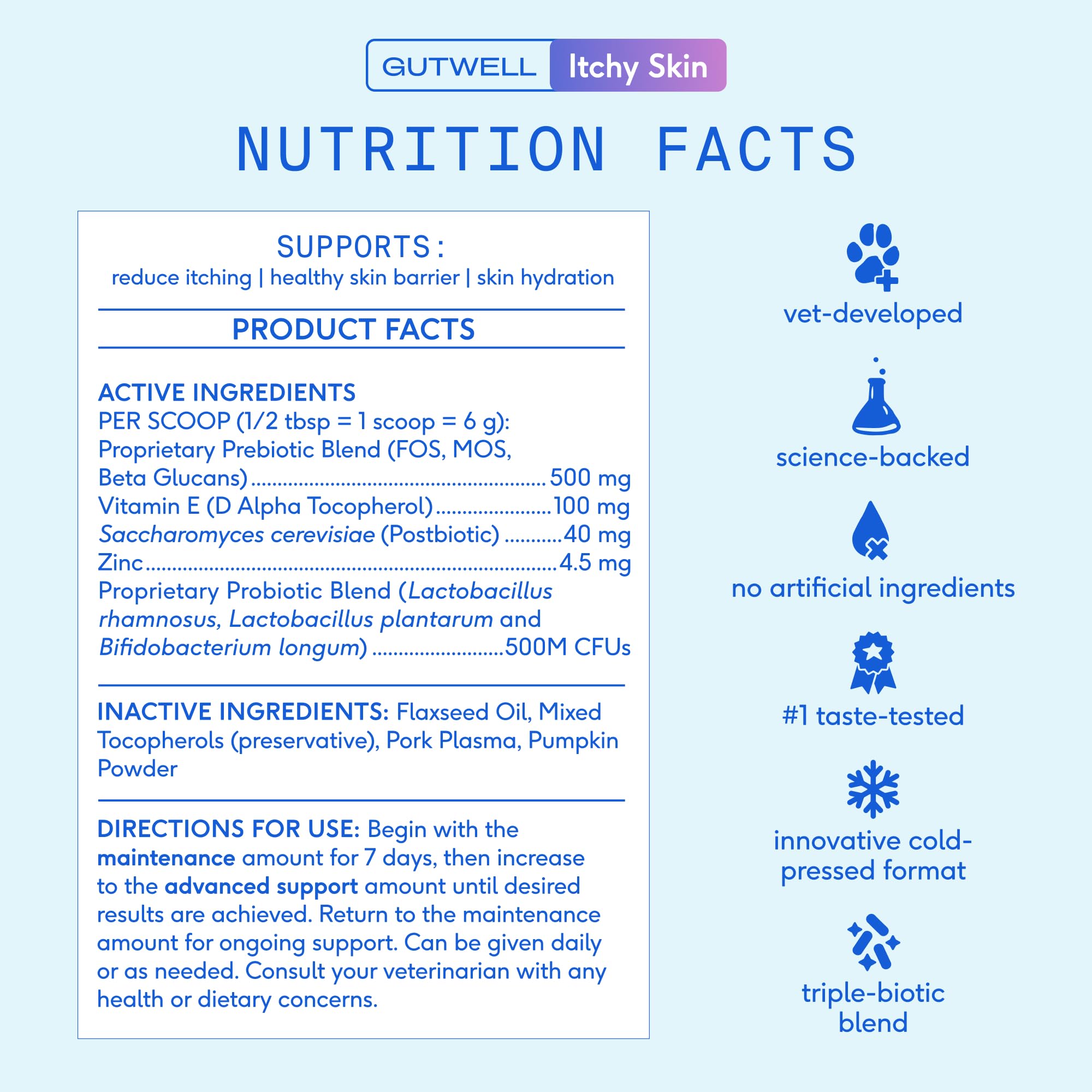 Native Pet GutWell Itchy Skin zinc vitamin E ingredients label closeup.